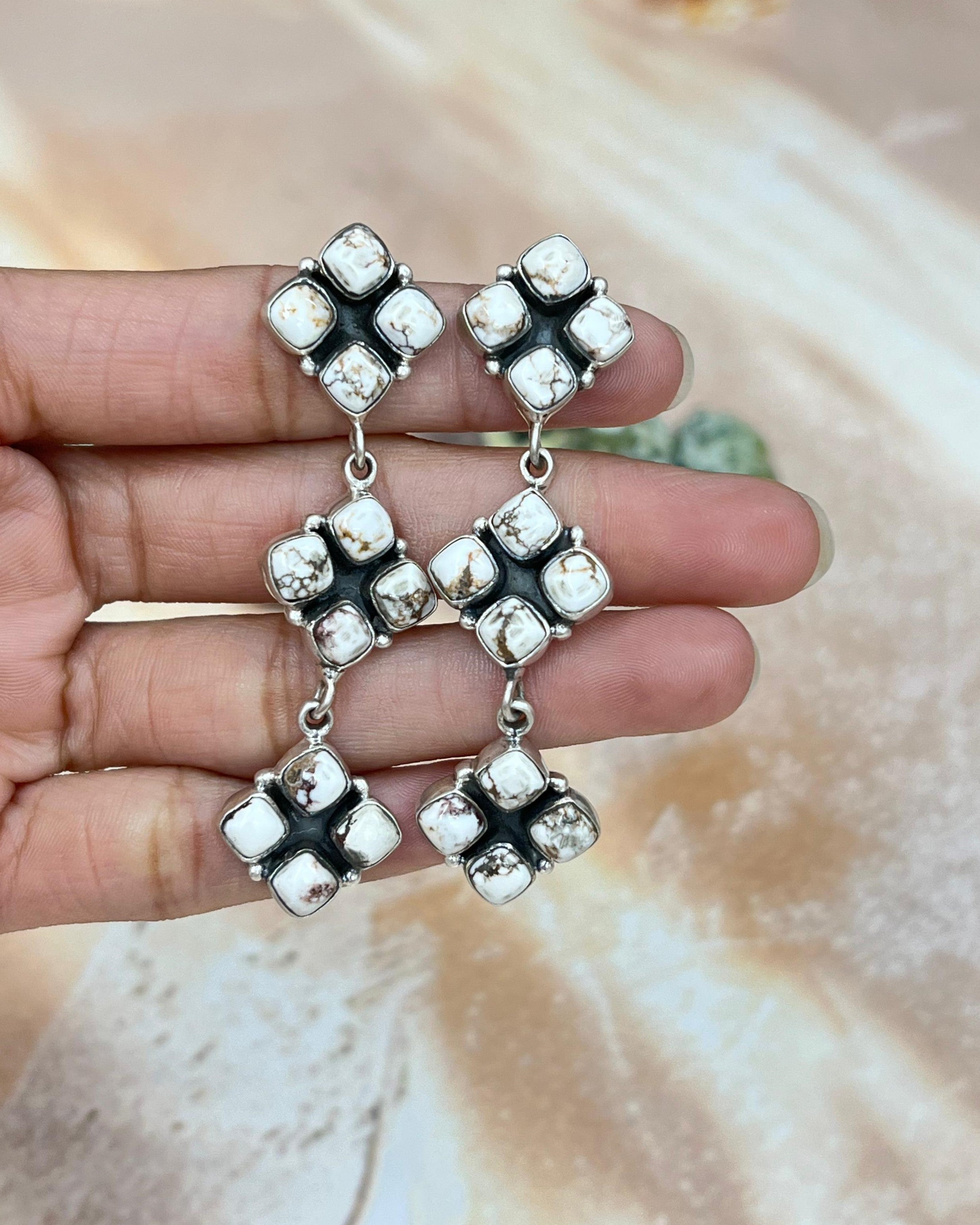 Handmade Sterling Silver Wild Horse Turquoise Dangles Earrings with Signed Nizhoni