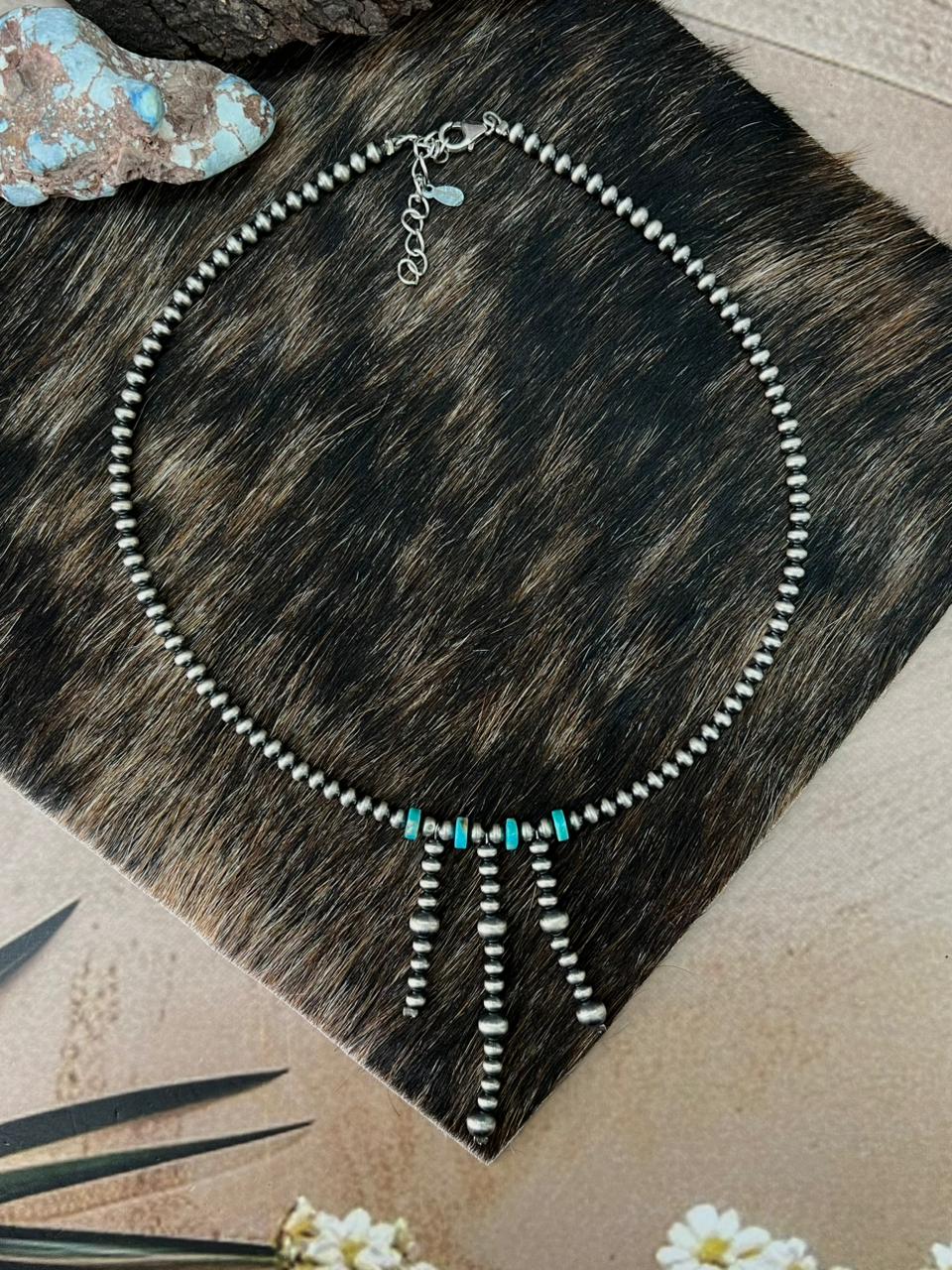 Handmade Sterling Silver Kingman Turquoise Beaded Necklace "Signed Nizhoni"