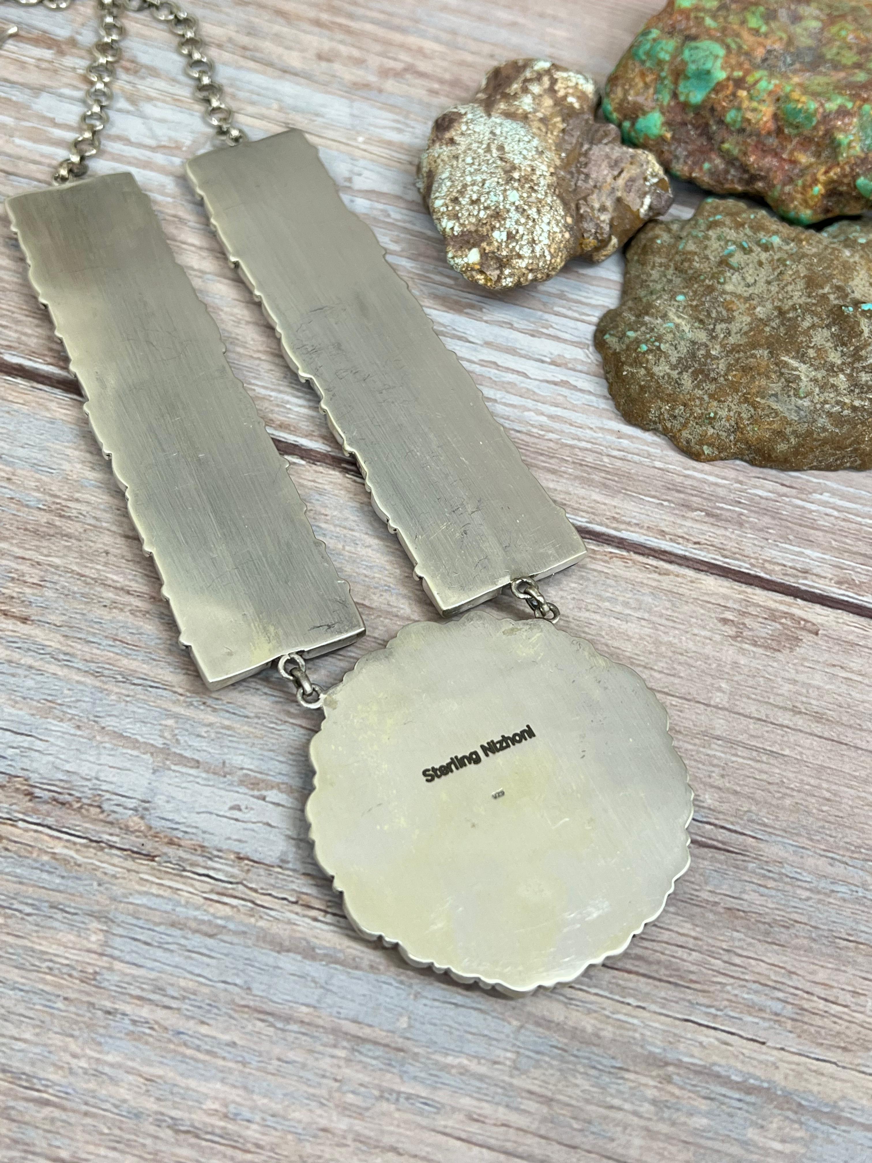 Handmade Sterling Silver Blackjack Turquoise Necklace with Signed Nizhoni