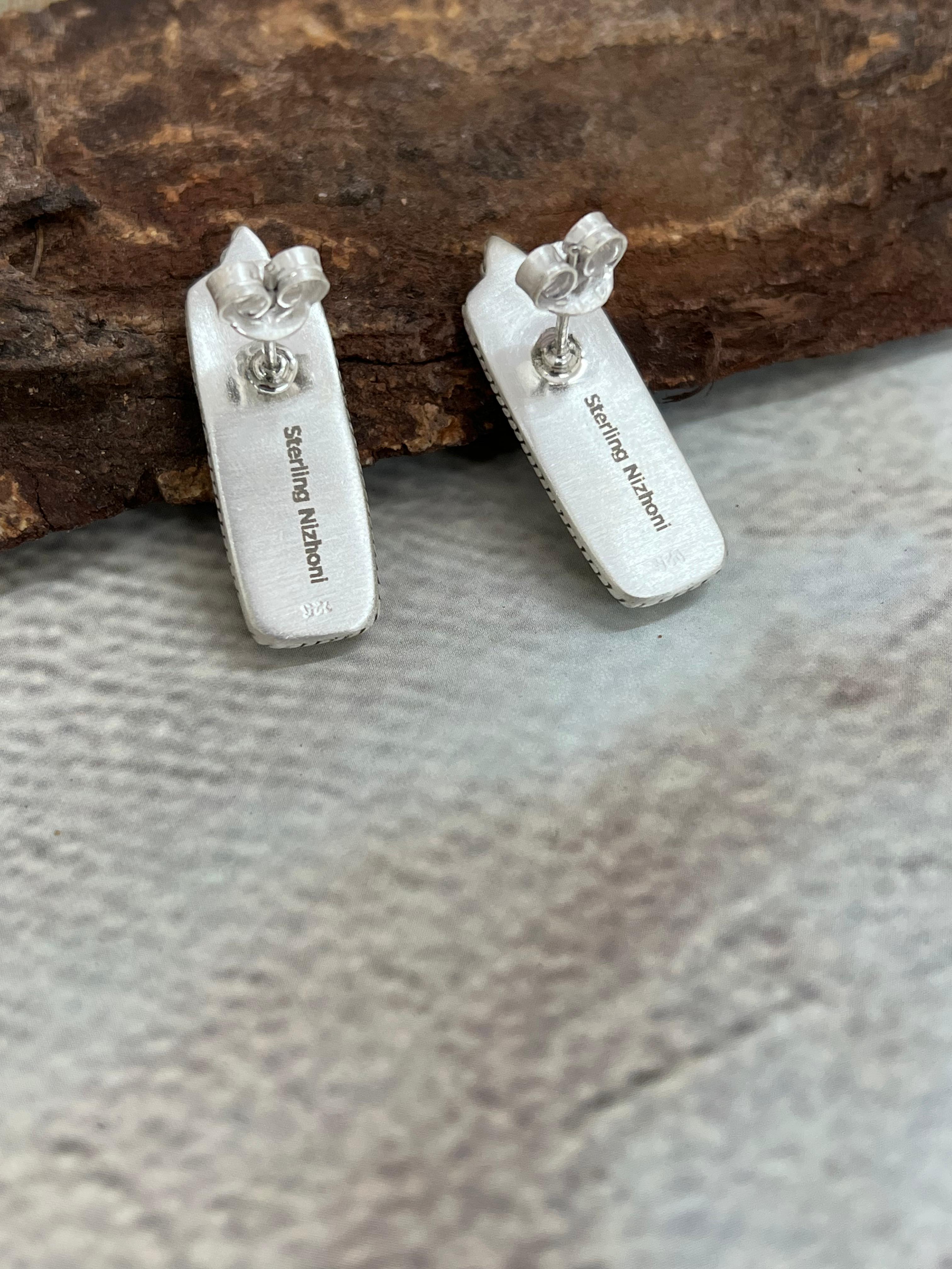 Handmade Sterling Silver Kingman Turquoise Post Studs with Signed Nizhoni