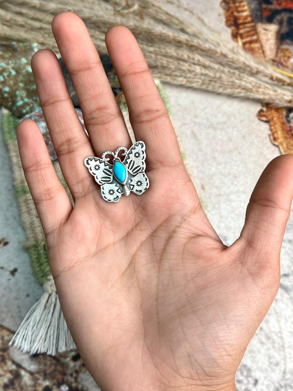 Handmade Sterling Silver Kingman Turquoise Butterfly Adjustable Ring "Signed Nizhoni"