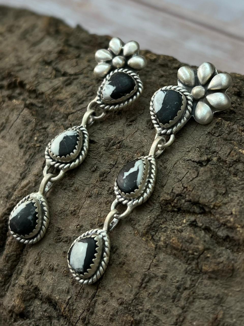 Handmade Sterling Silver White Buffalo Post Dangle Earrings "Signed Nizhoni"