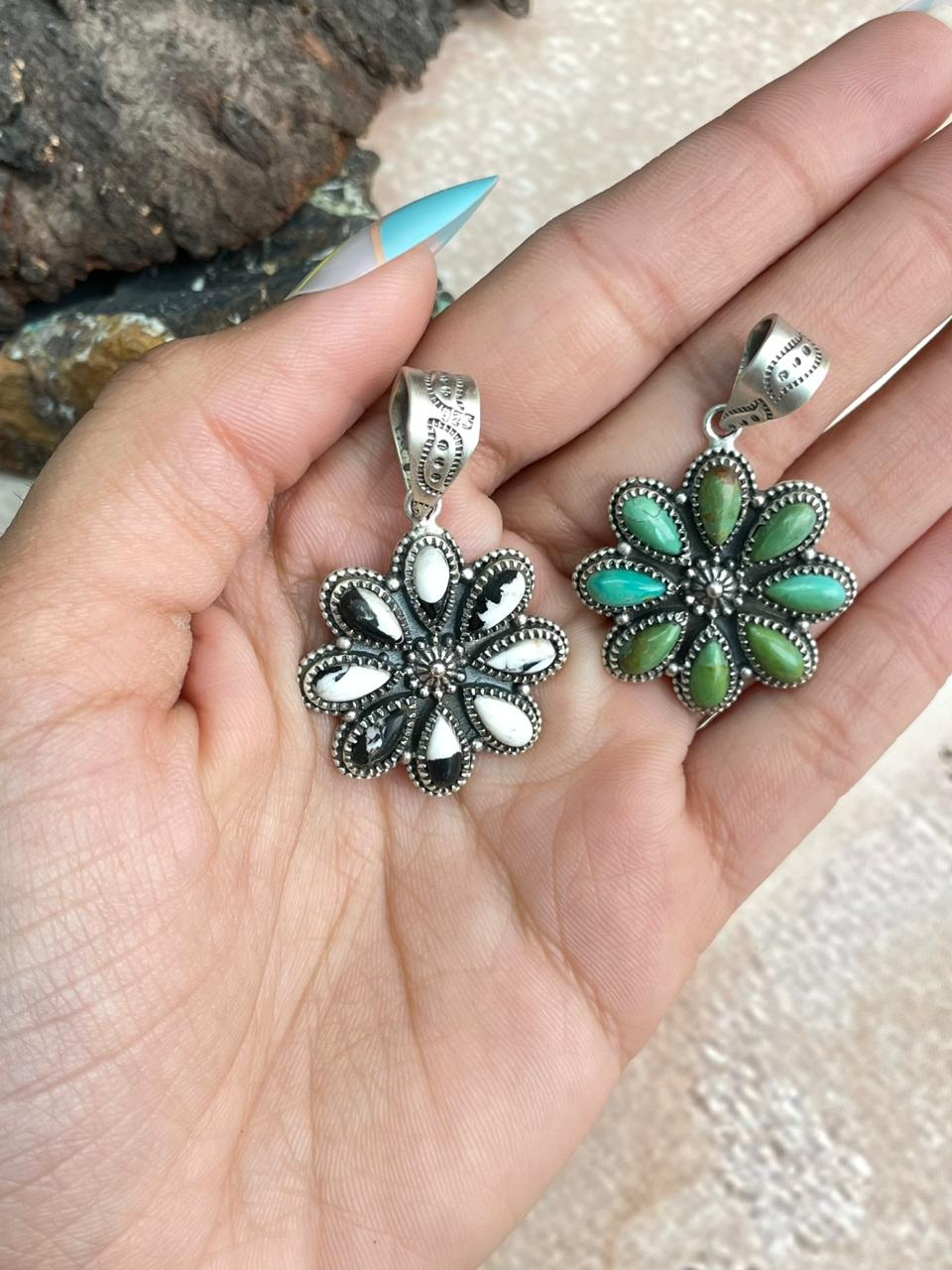 Added Handmade Sterling Silver White Buffalo, Kingman Turquoise Pendant "Signed Nizhoni"