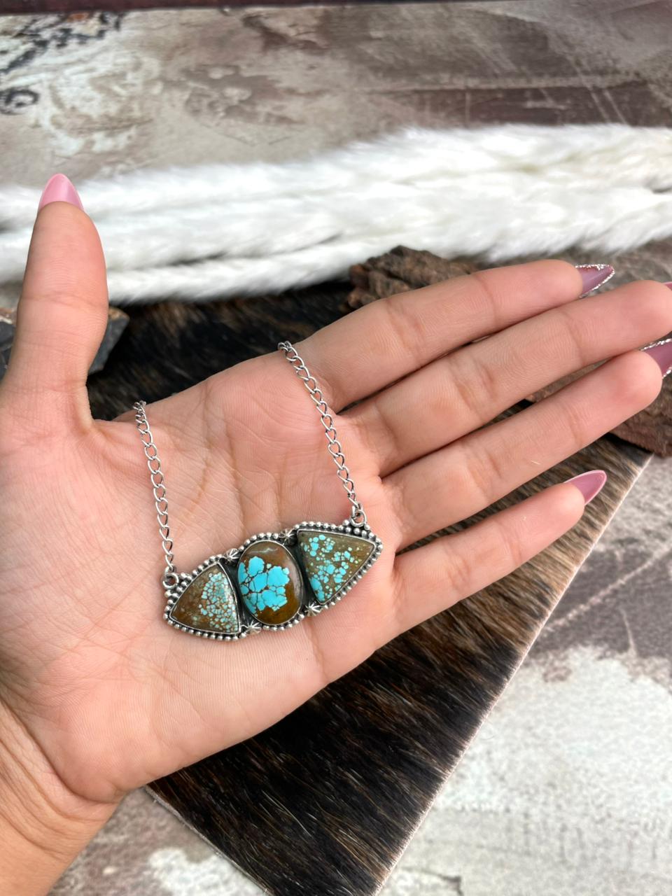 Handmade Sterling Silver Number 8 Turquoise Necklace "Signed Nizhoni"