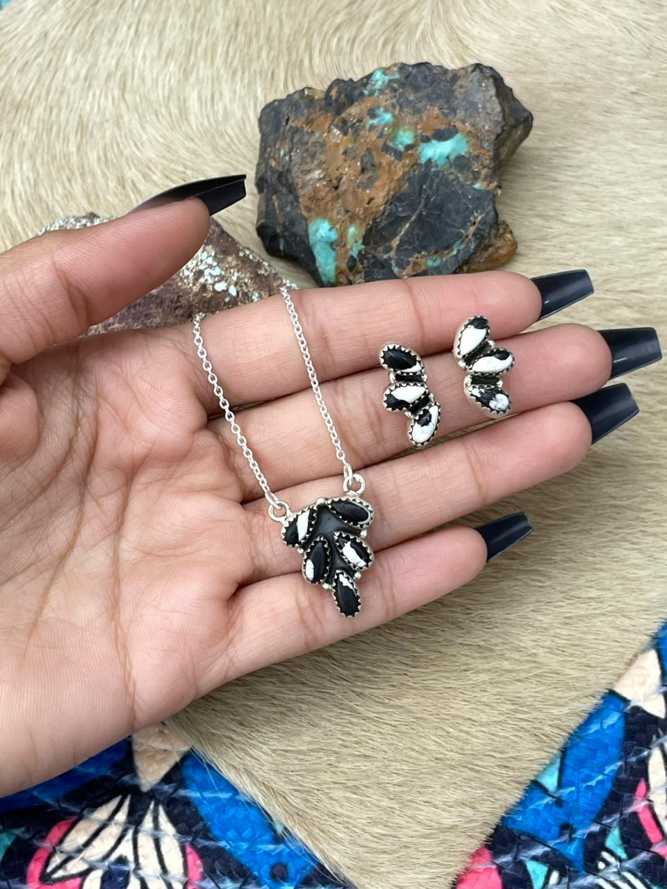 Handmade Sterling Silver White Buffalo Necklace Earrings Set "Signed Nizhoni"