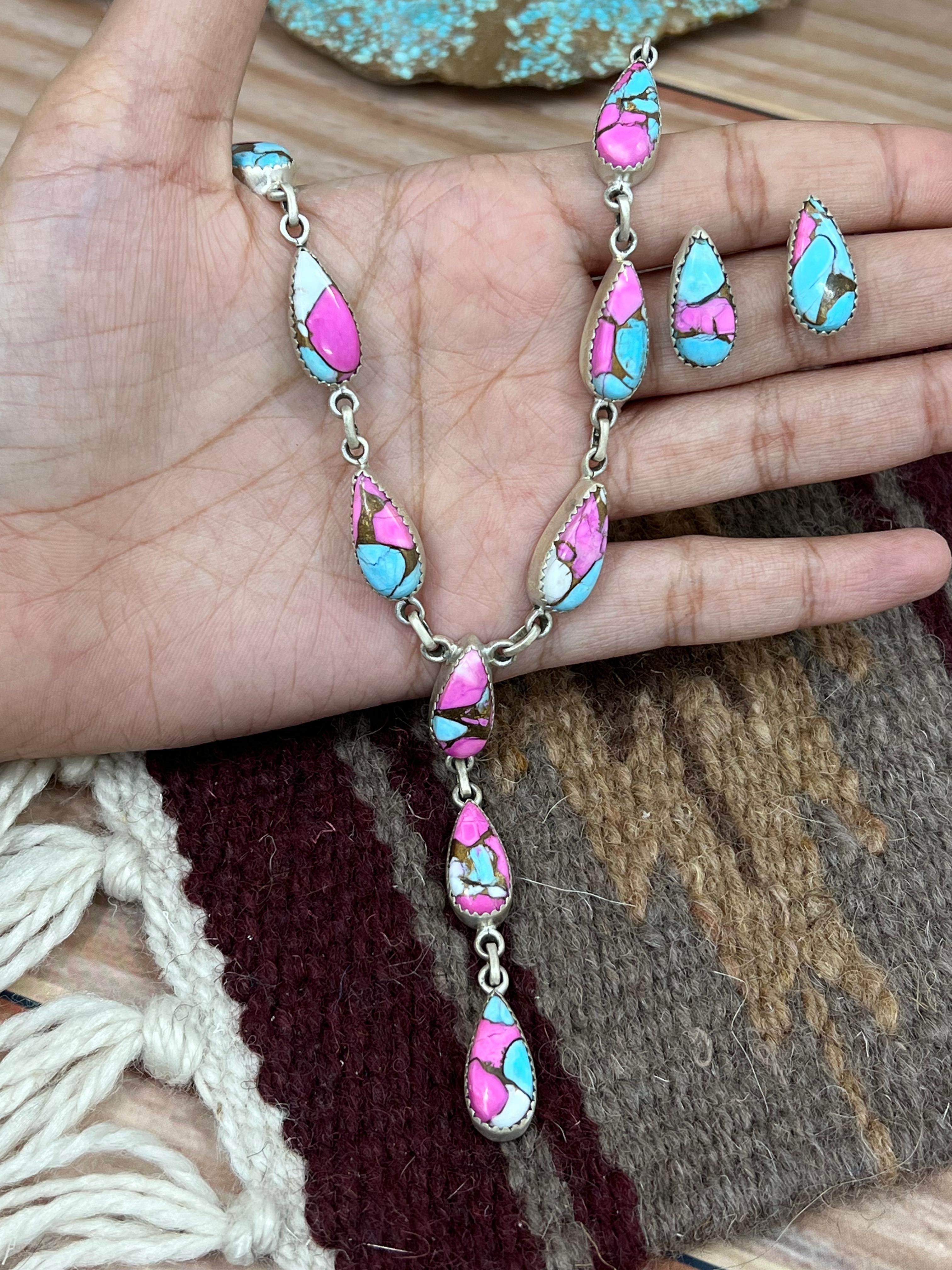 Handmade Sterling Silver Cotton Candy Turquoise Necklace Earrings Set, Signed Nizhoni