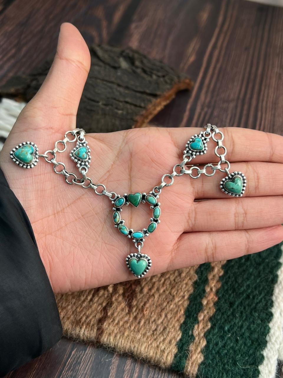 "Heart Collection" Handmade Sterling Silver Kingman Turquoise Necklace "Signed Nizhoni"