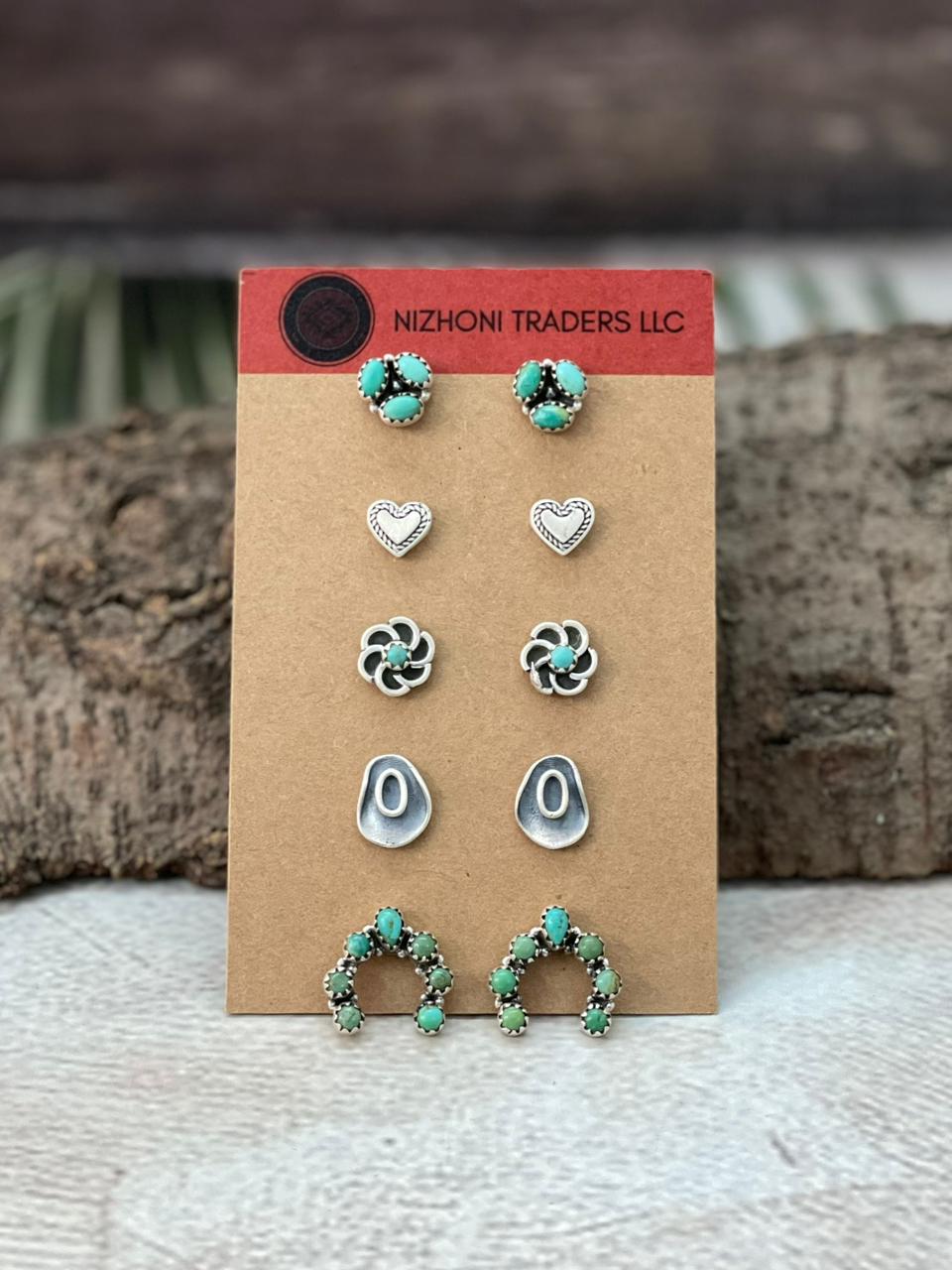 Handmade Sterling Silver Kingman Turquoise Post Studs Earrings Set