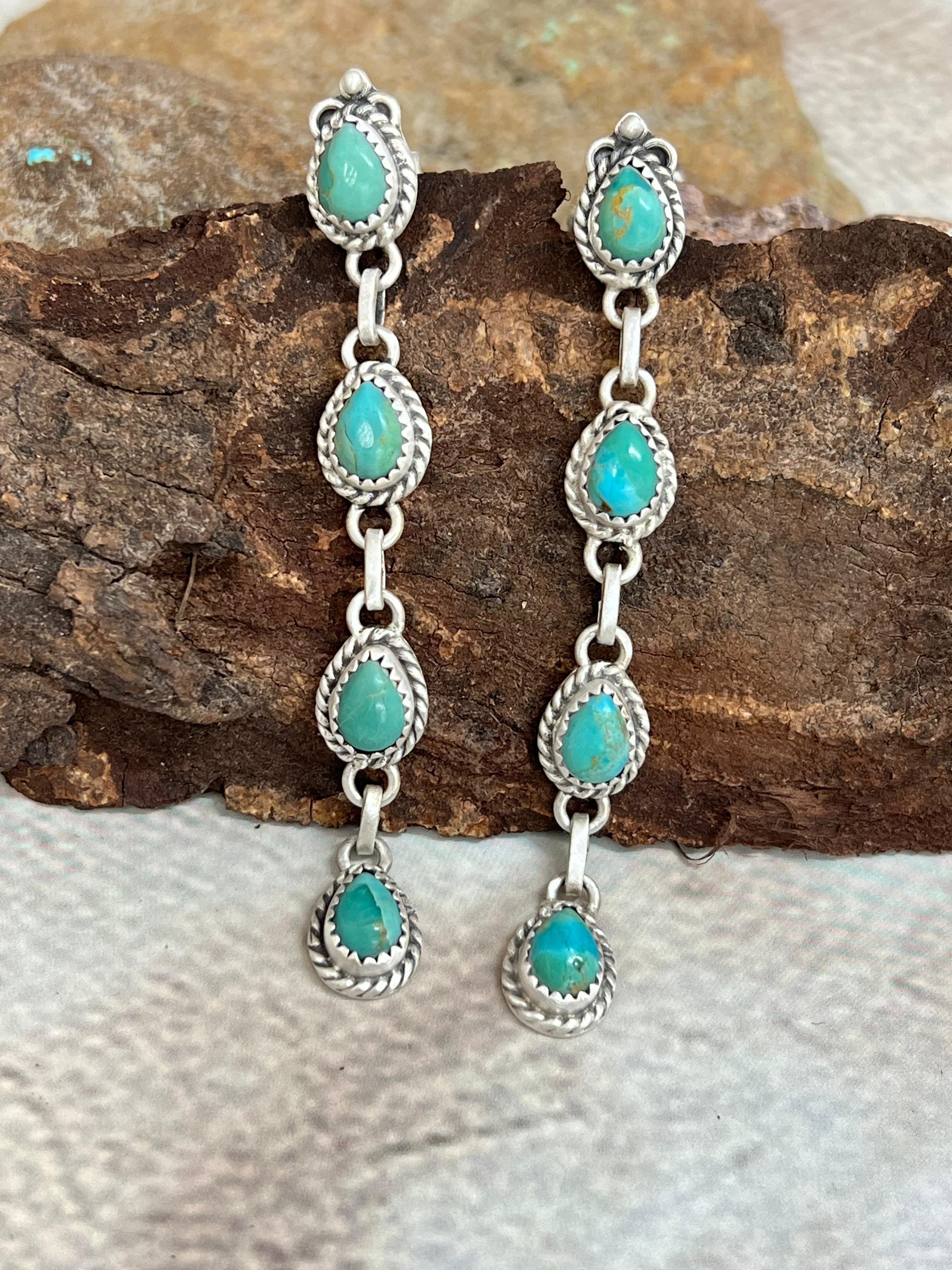 Handmade Sterling Silver Kingman Turquoise Post Dangle Earrings with Signed Nizhoni
