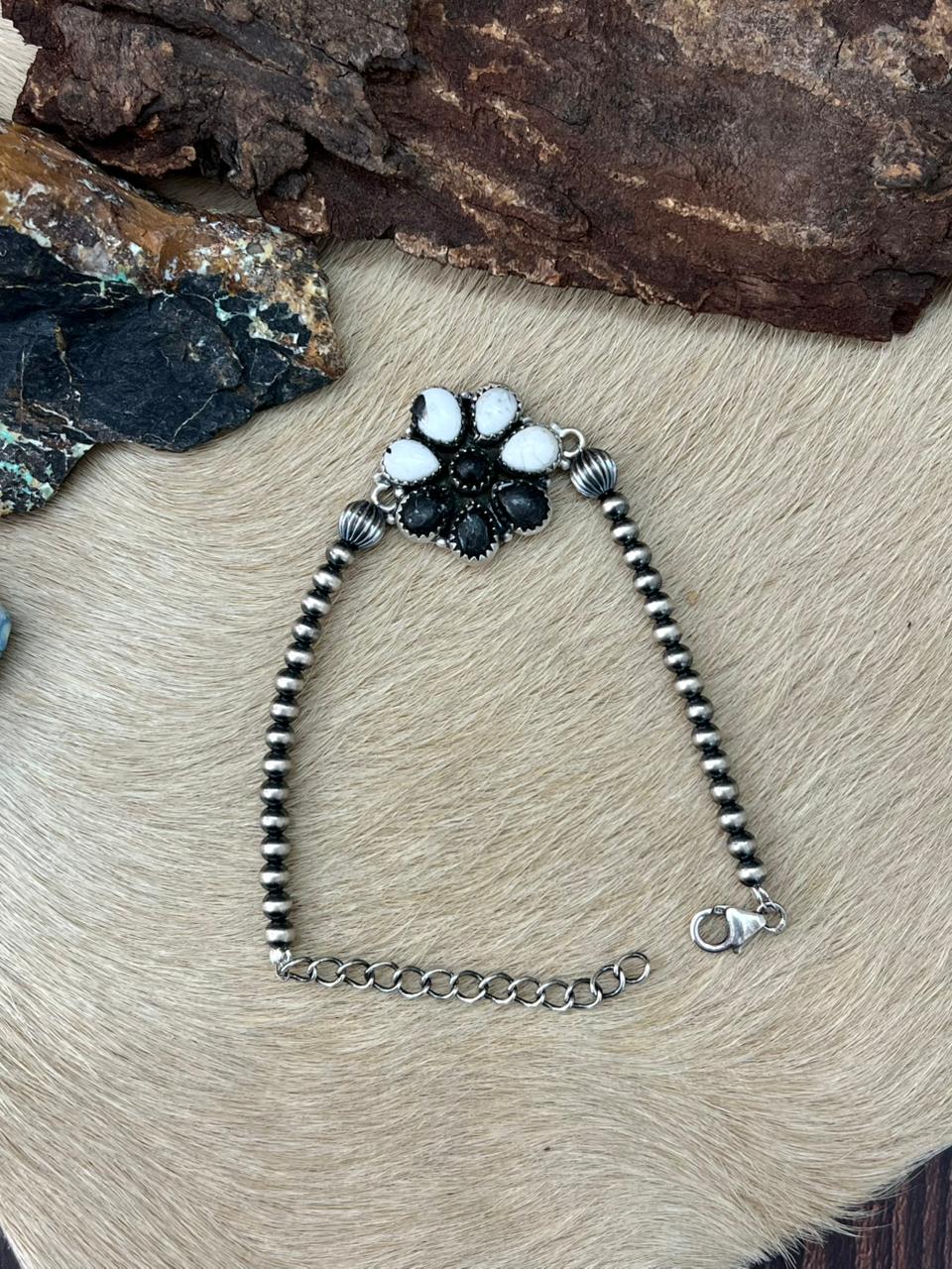 Handmade Sterling Silver White Buffalo Chain Bracelet "Signed Nizhoni"