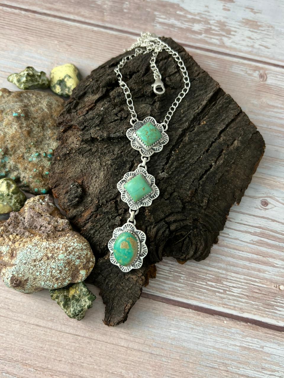 Handmade Sterling Silver Old Stock Royston Turquoise Necklace with Signed Nizhoni