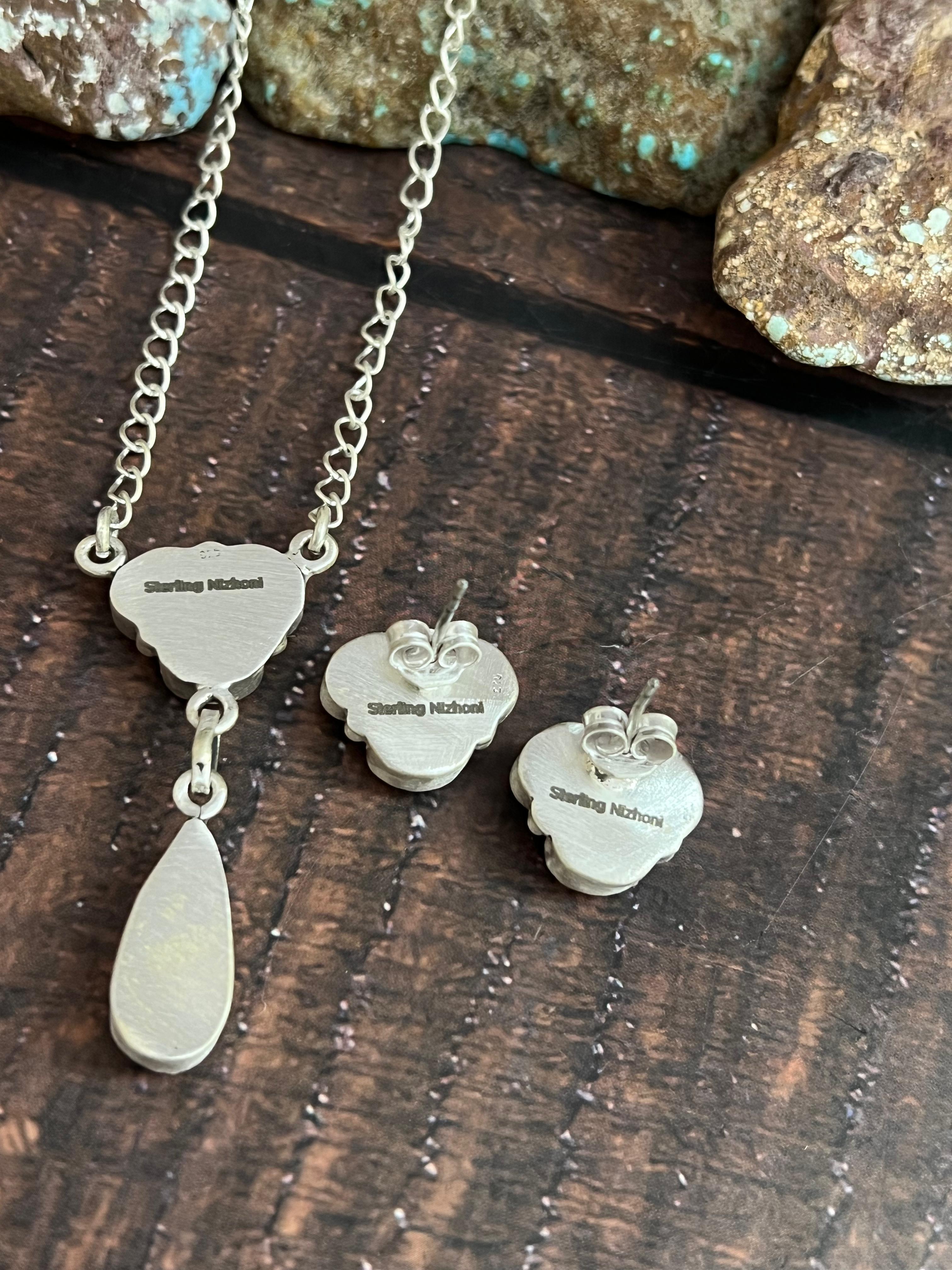 Handmade Sterling Silver Wild Horse Magnesite Necklace Earrings Set with Signed Nizhoni