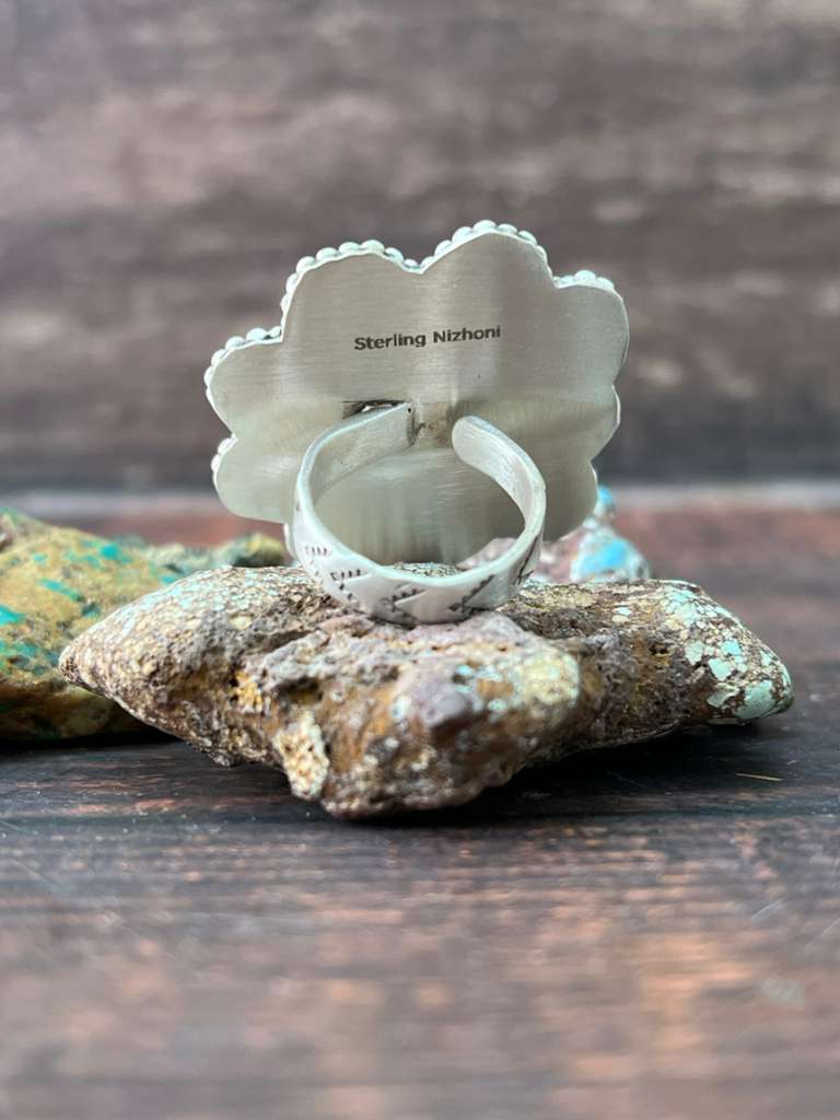 Handmade Sterling Silver Sonoran Mountain Turquoise with White Water Turquoise Adjustable Rings "Signed Nizhoni"
