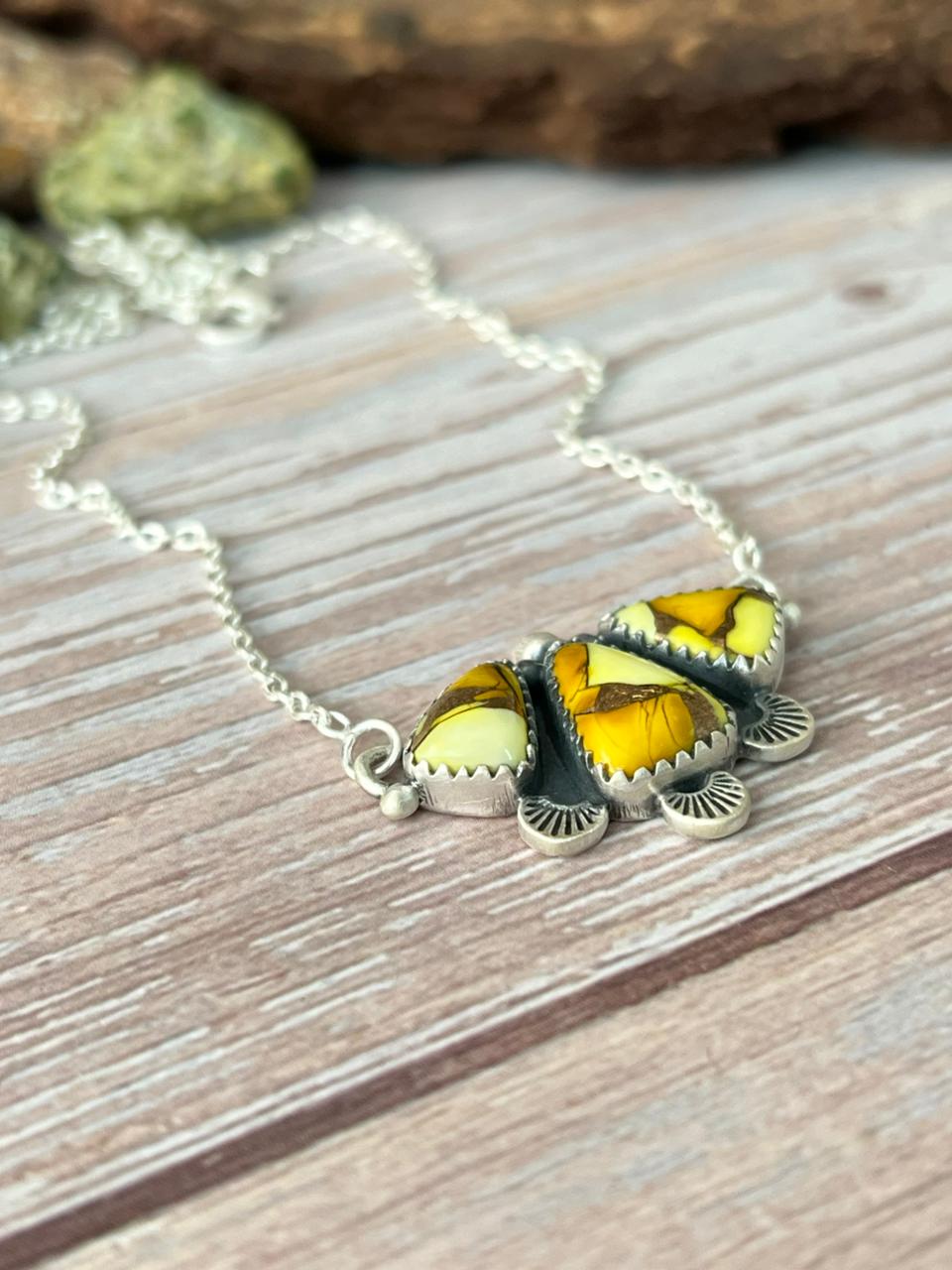 Handmade Sterling Silver Honey Dahlia Necklace with Signed Nizhoni