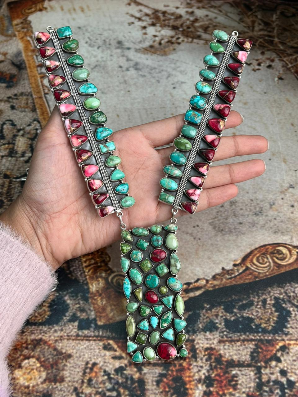 Handmade Sterling Silver Dahlia Rose with Emerald Valley Turquoise Necklace "Signed Nizhoni"