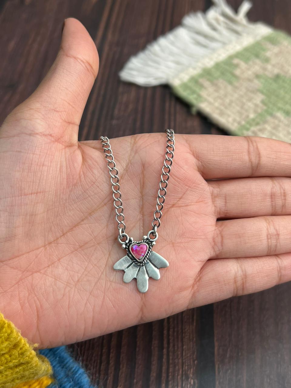 "Heart Collection" Handmade Sterling Silver Hot Pink Necklace "Signed Nizhoni"