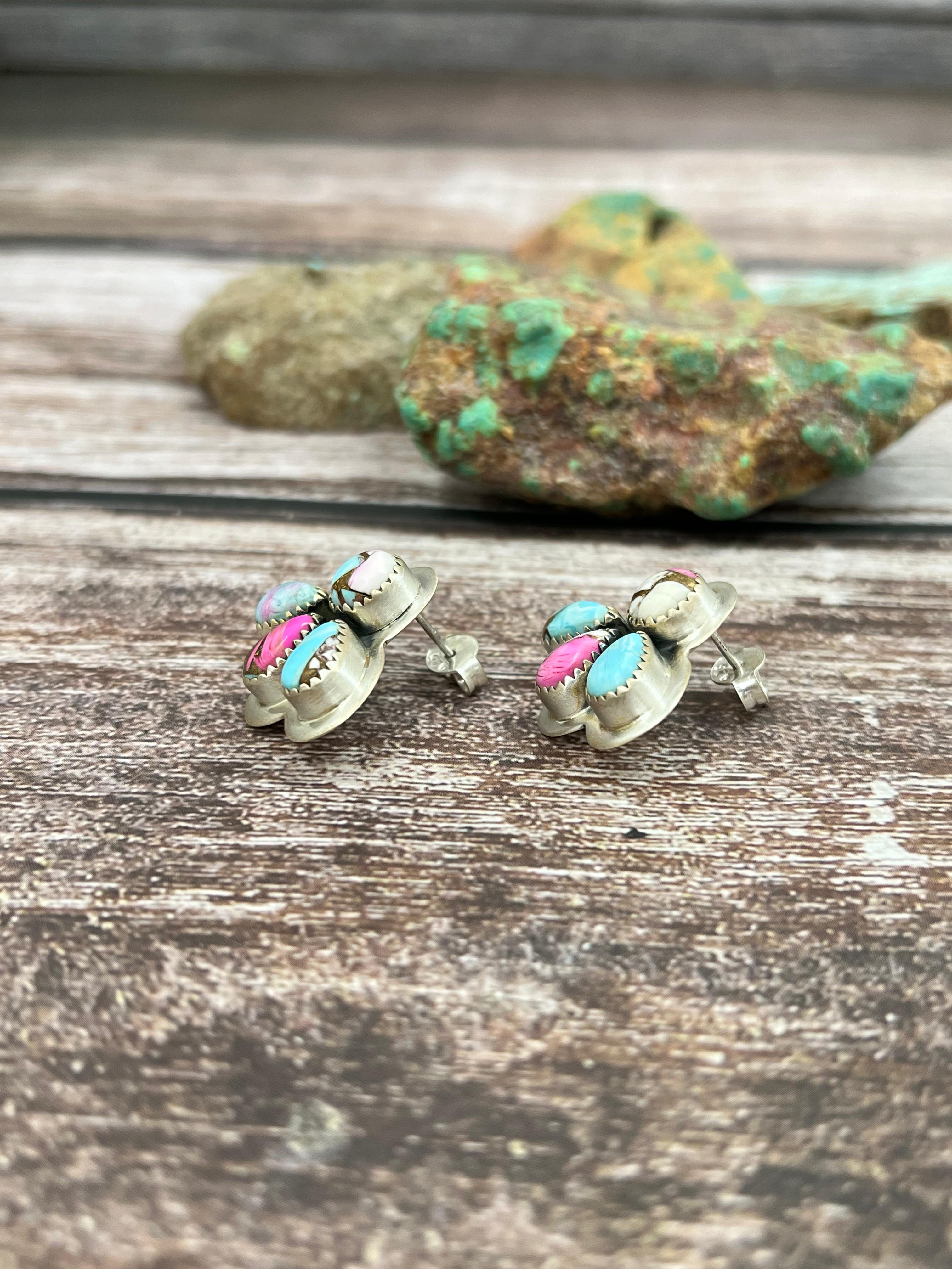 Handmade Sterling Silver Cotton Candy Turquoise Post Earrings with Signed Nizhoni