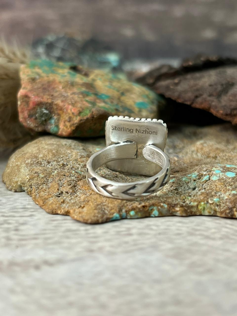 Handmade Sterling Silver Cotton Candy with Paloma Turquoise Adjustable Ring "Signed Nizhoni"