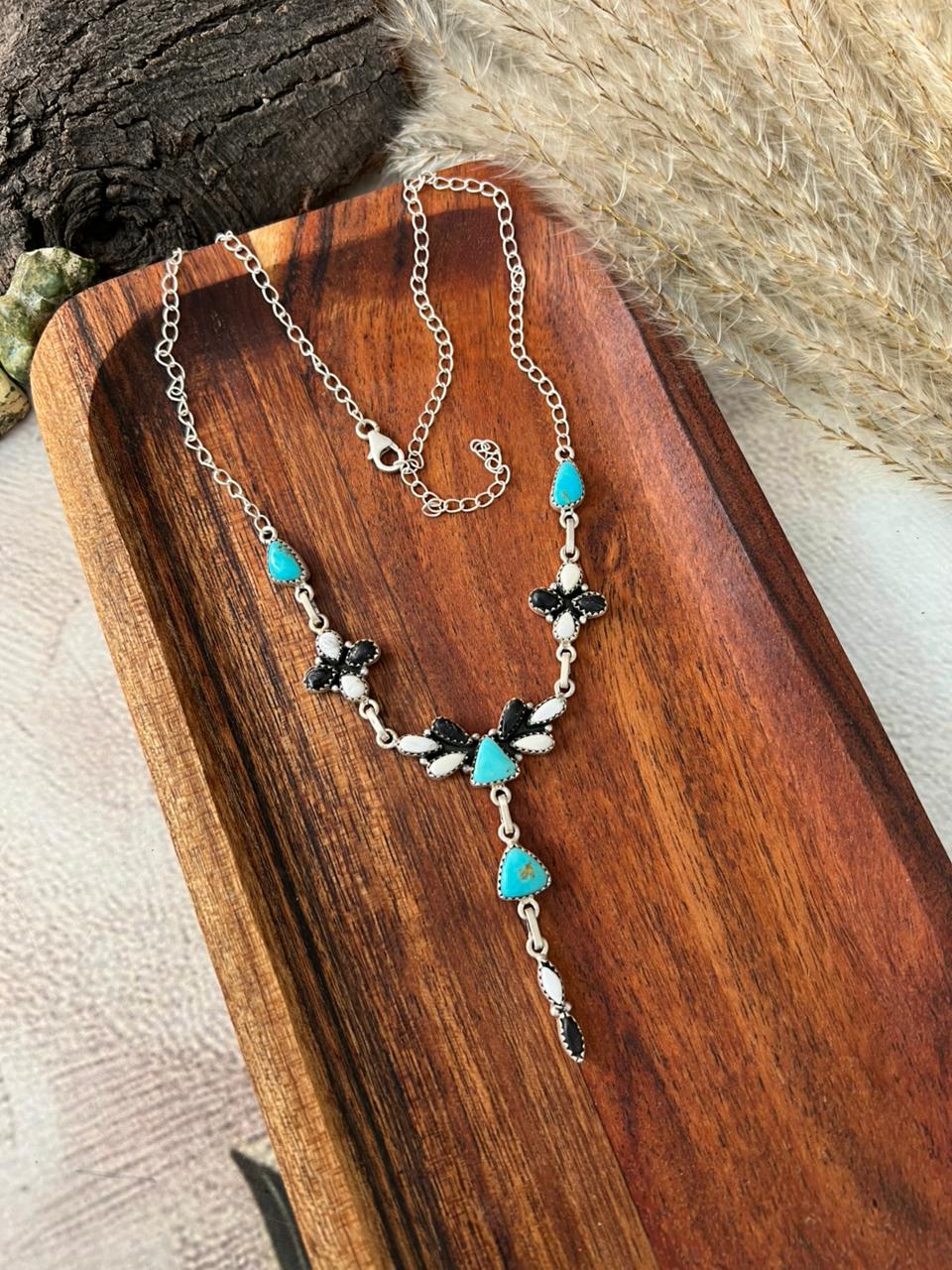 Handmade Sterling Silver Santa Maria Turquoise with White Buffalo Drop Necklace "Signed Nizhoni"