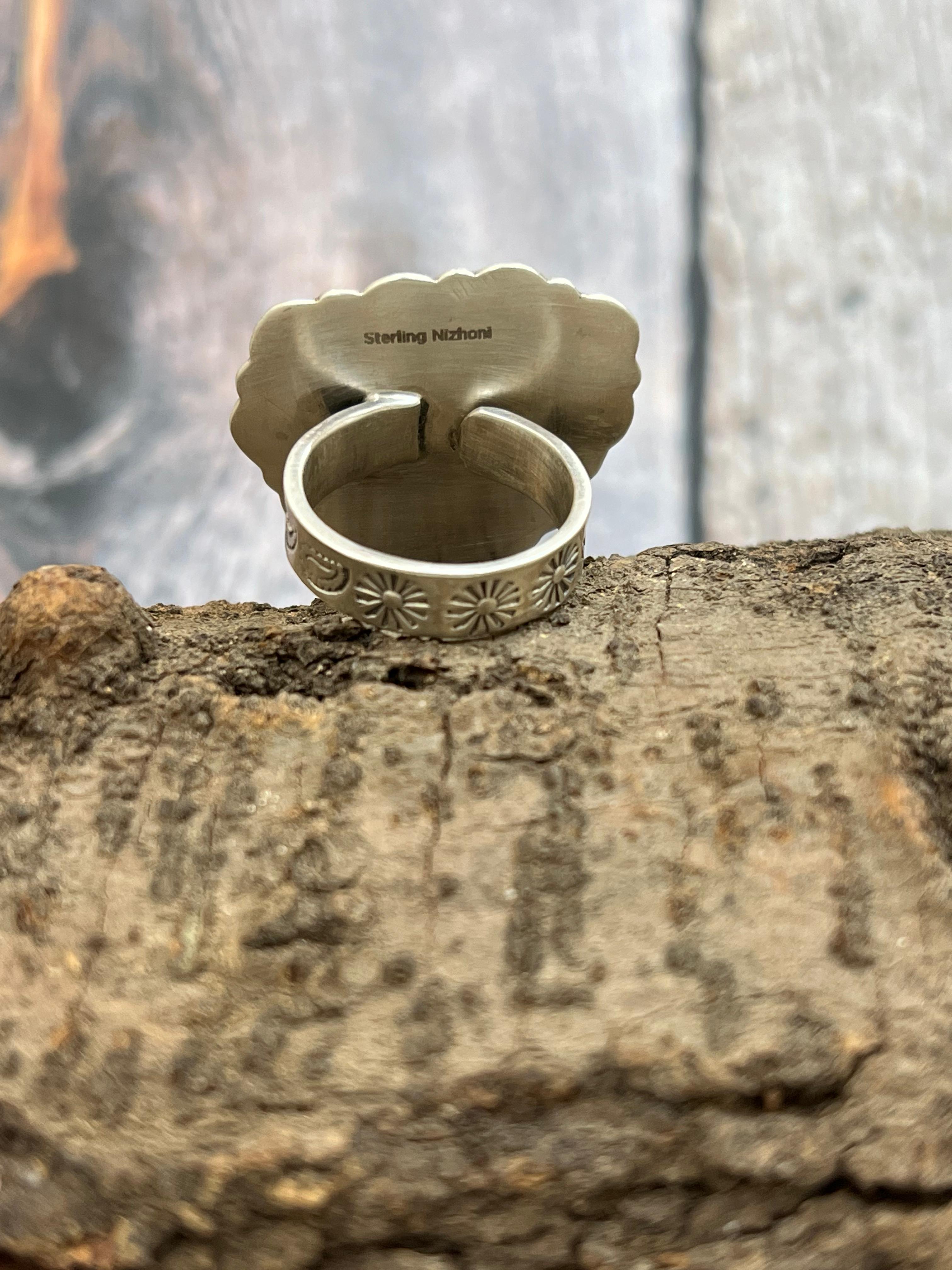 Handmade Sterling Silver Hardy Pit Adjustable Ring with Signed Nizhoni