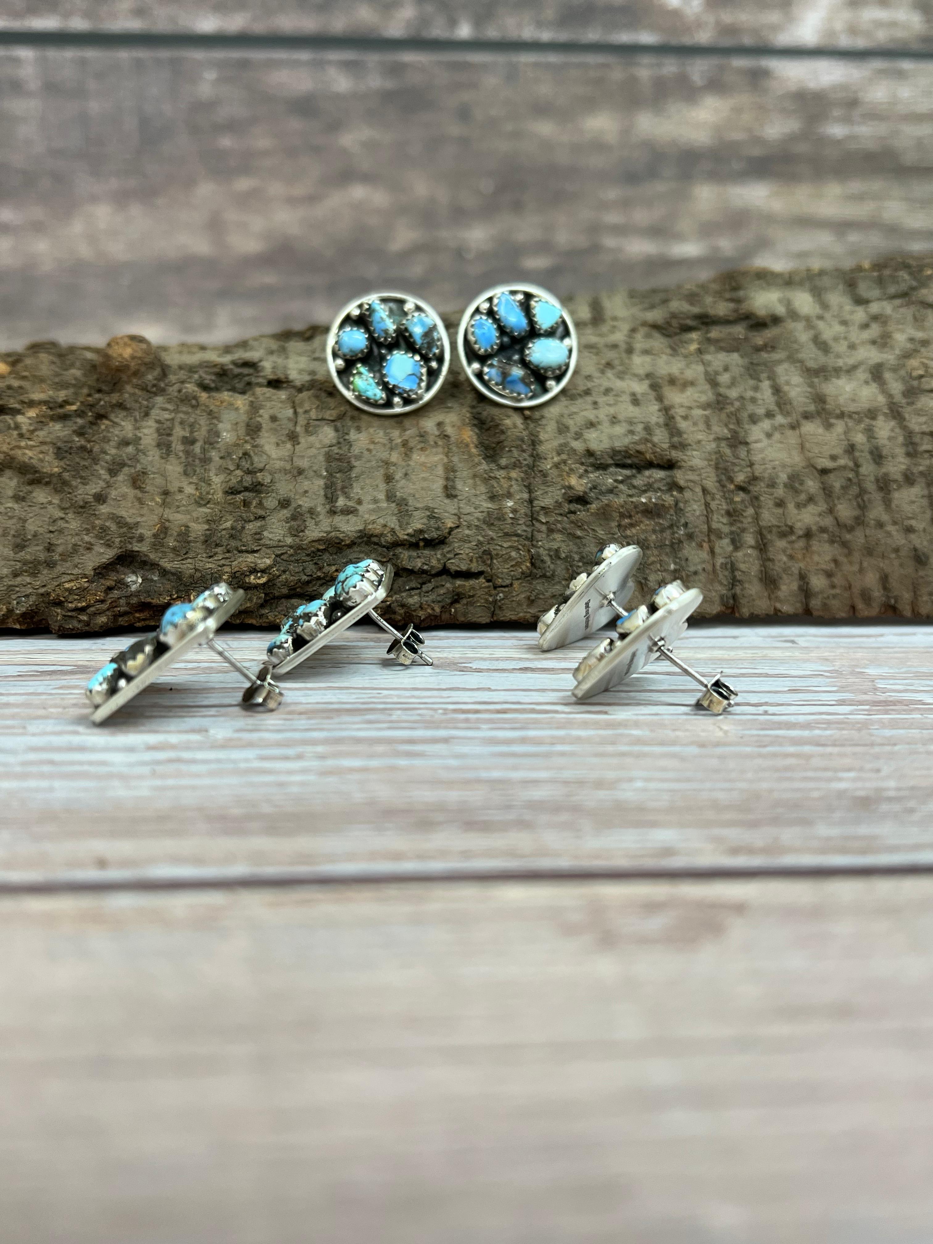 Handmade Sterling Silver Golden Hill Turquoise Post Earrings with Signed Nizhoni