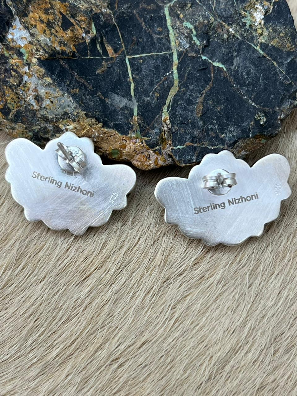 Handmade Sterling Silver Peacock Dahlia with Palomino Post Studs Earrings "Signed Nizhoni"