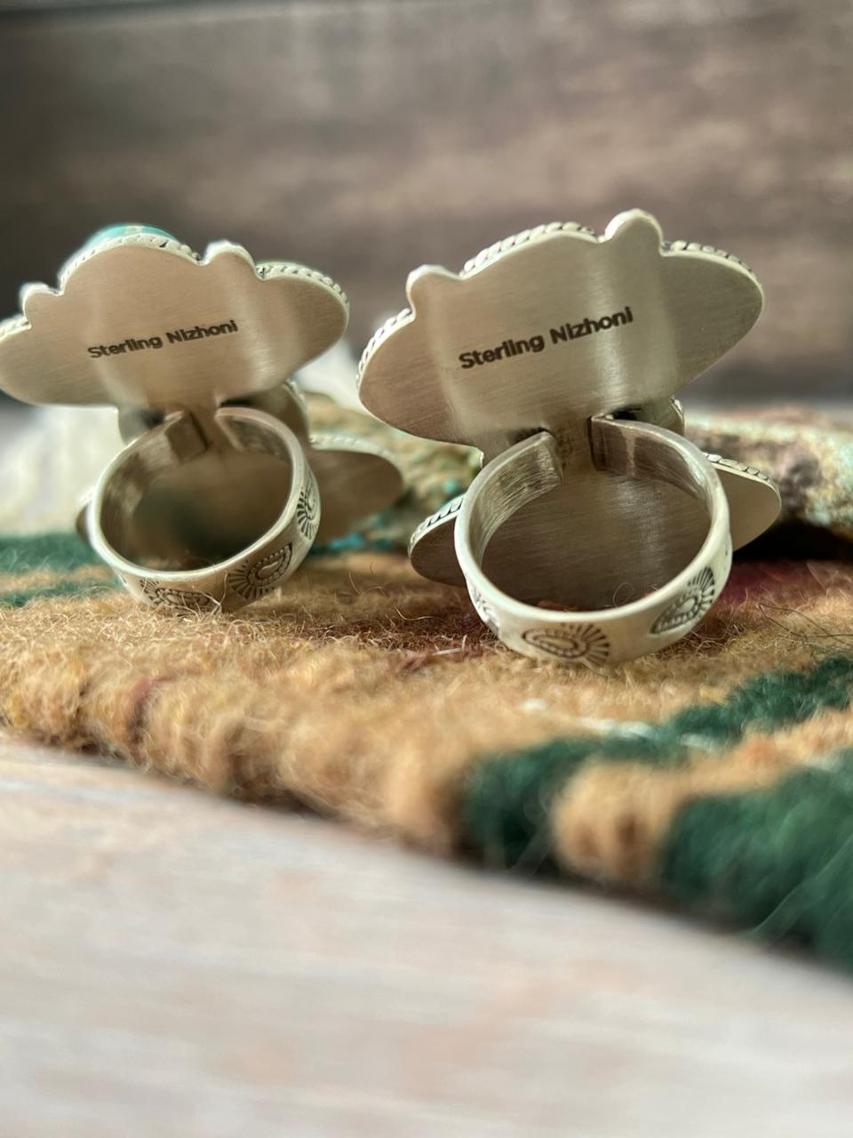 Handmade Sterling Silver Mantis Turquoise Adjustable Ring With Signed Nizhoni