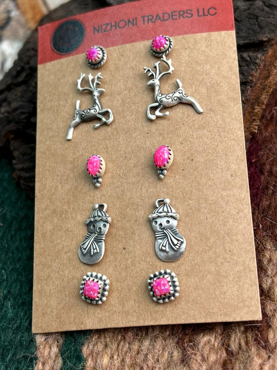 Handmade Sterling Silver Hot Pink Post Earring Set Card "Signed Nizhoni"