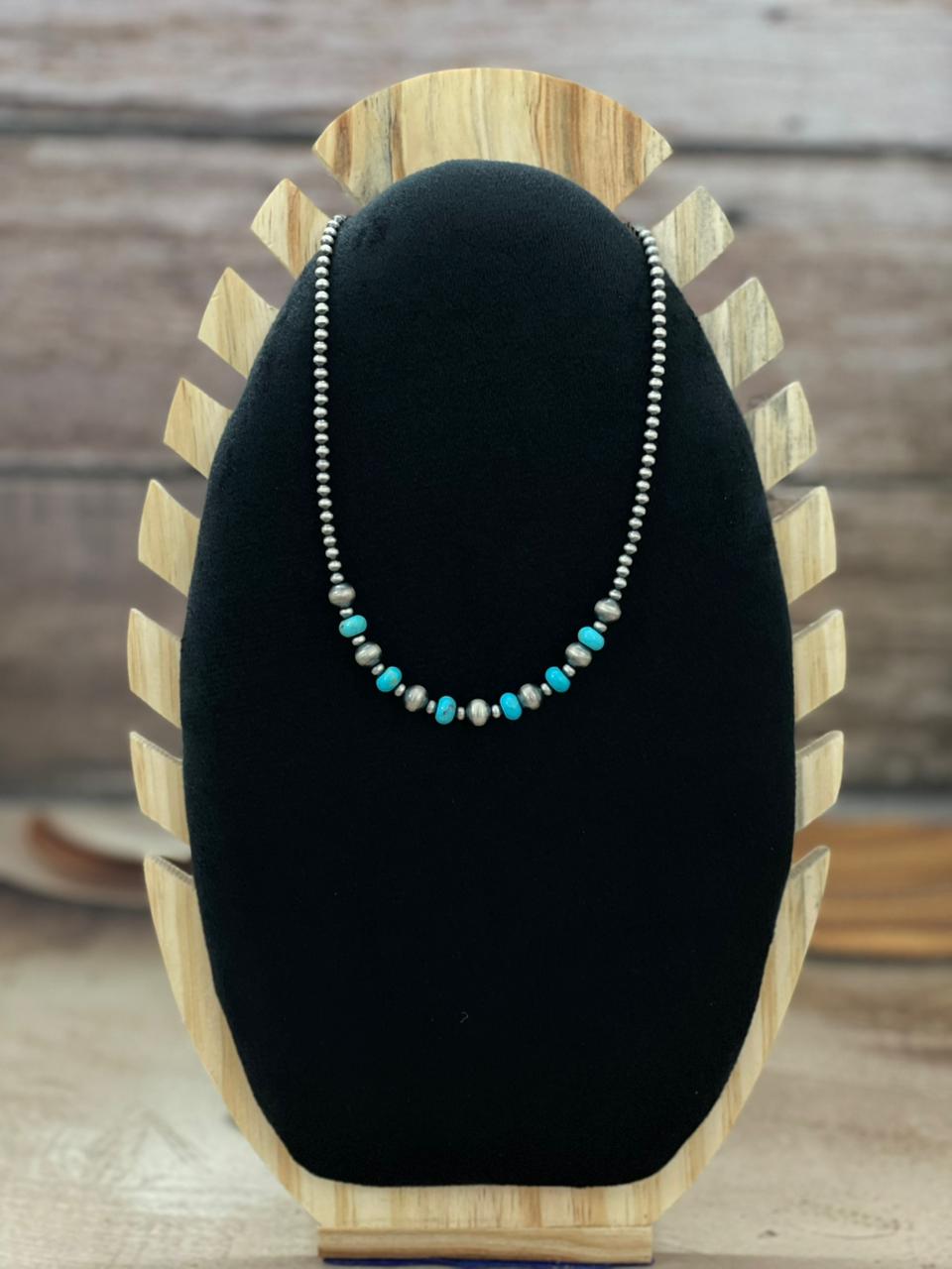 Handmade Sterling Silver Kingman Turquoise Beaded Necklace "Signed Nizhoni" (6)