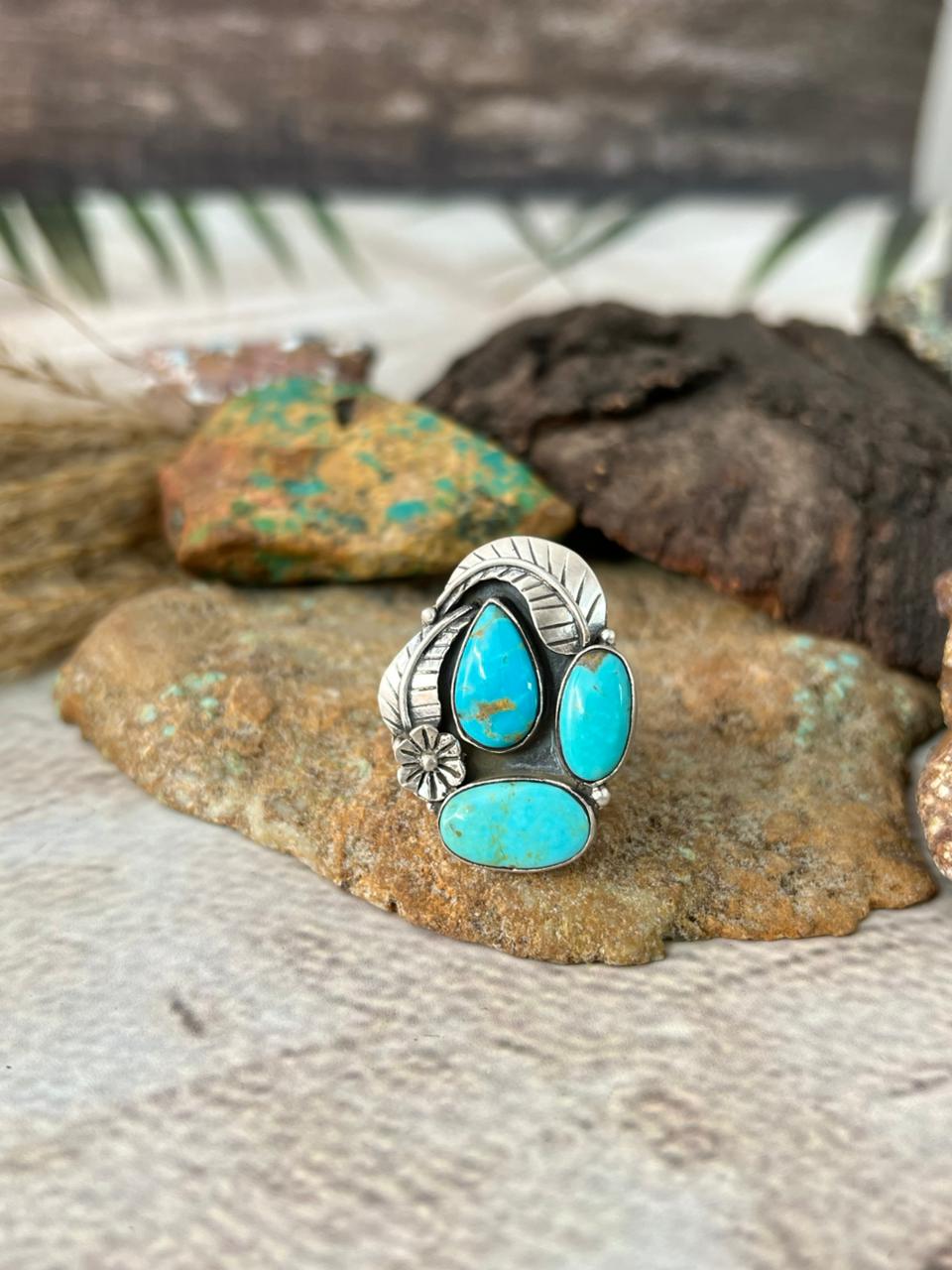 Handmade Sterling Silver Santa Maria Turquoise Adjustable Ring "Signed Nizhoni"