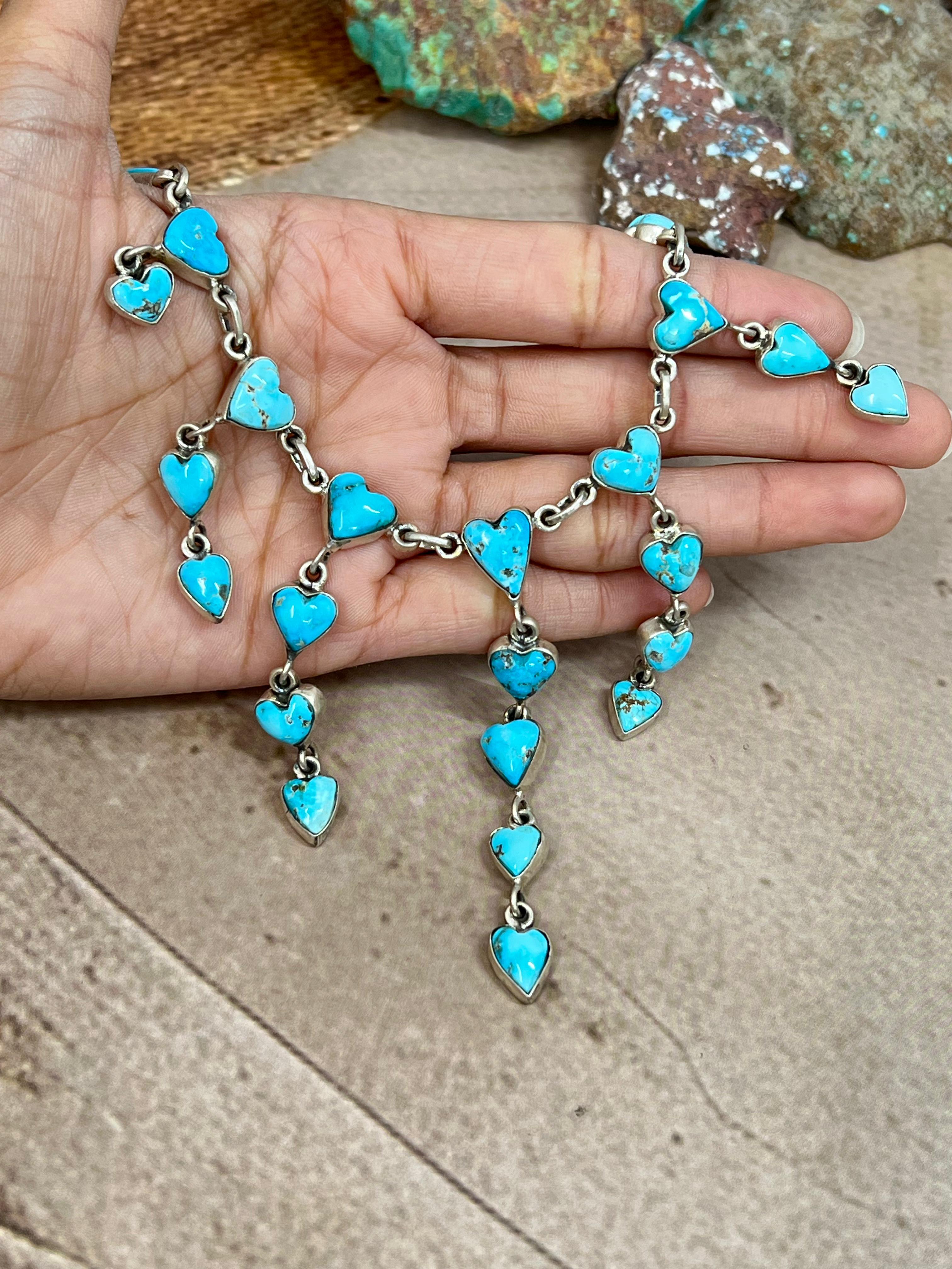 Handmade Sterling Silver Blue Bird Turquoise Necklace with Signed Nizhoni