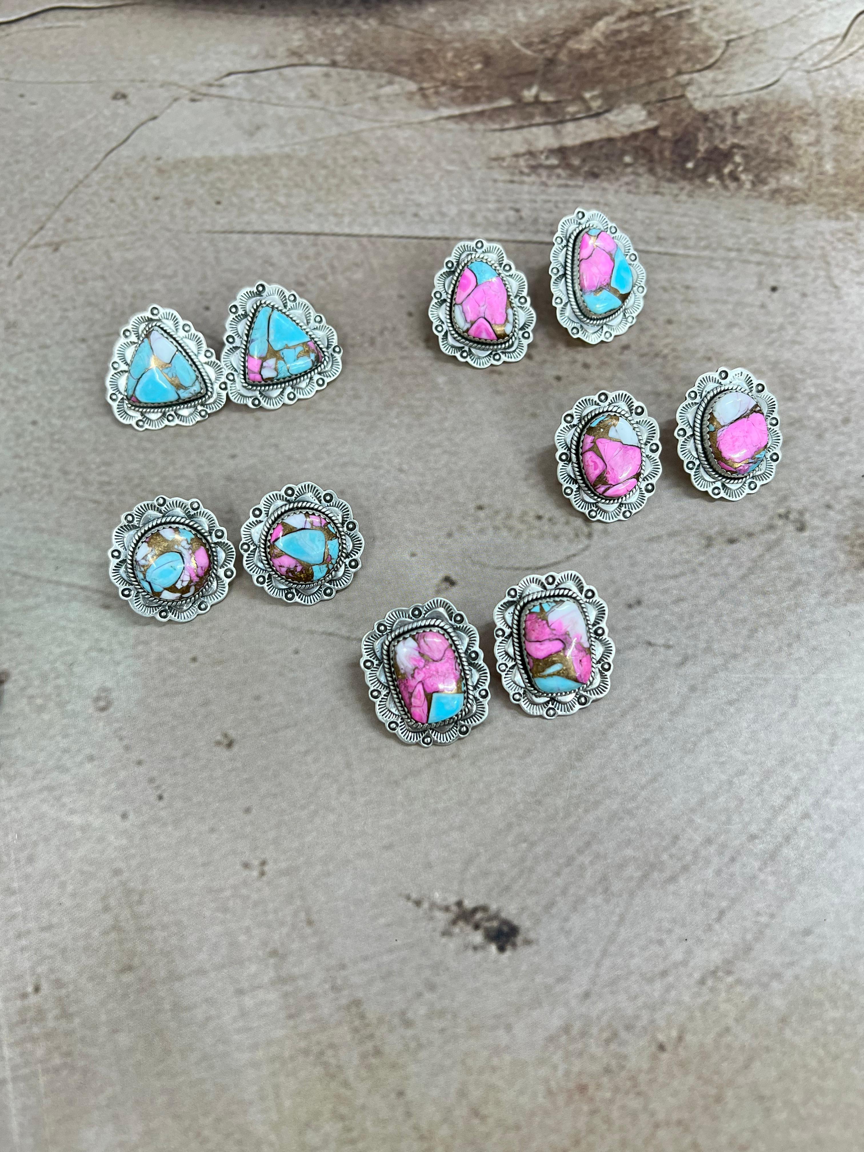 Handmade Sterling Silver Cotton Candy Turquoise Post Earrings with Signed Nizhoni