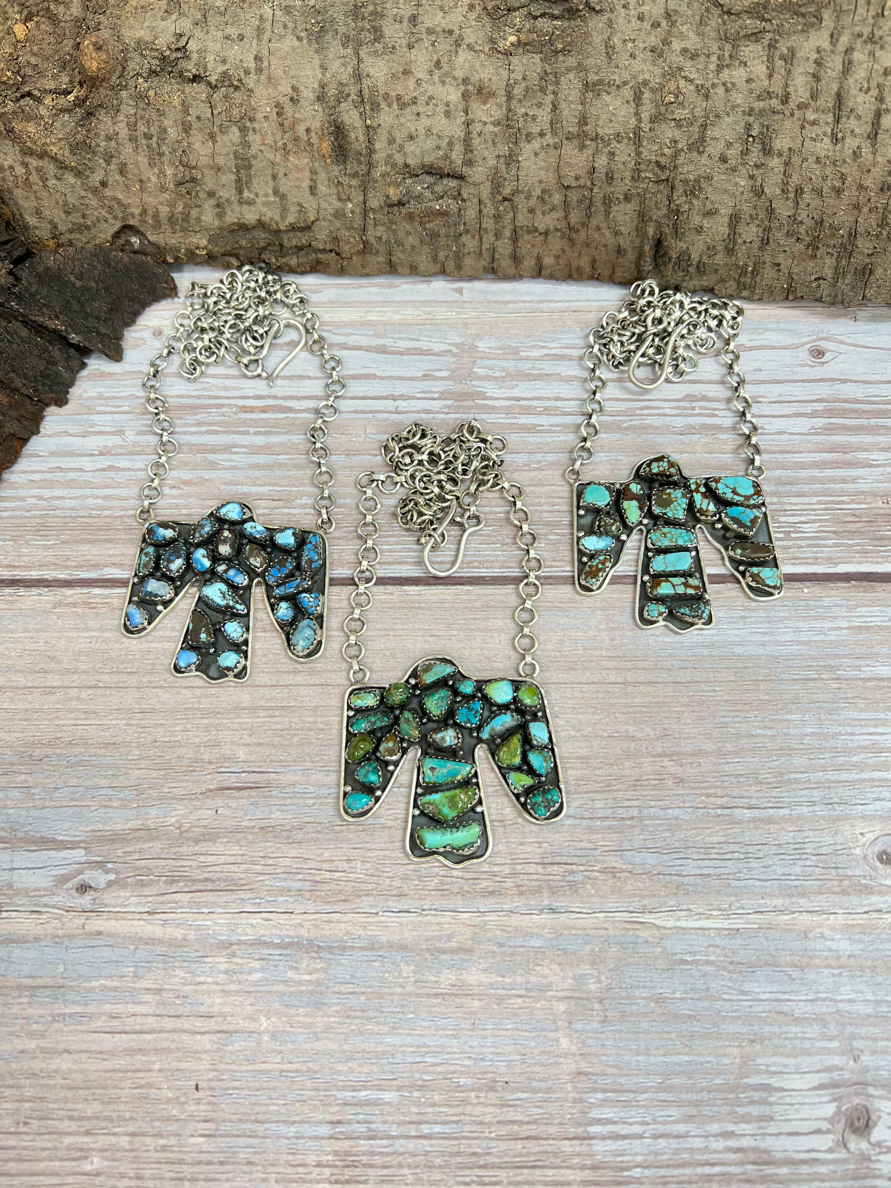 Handmade Sterling Silver Multi Stone Thunder Bird Necklace with Signed Nizhoni