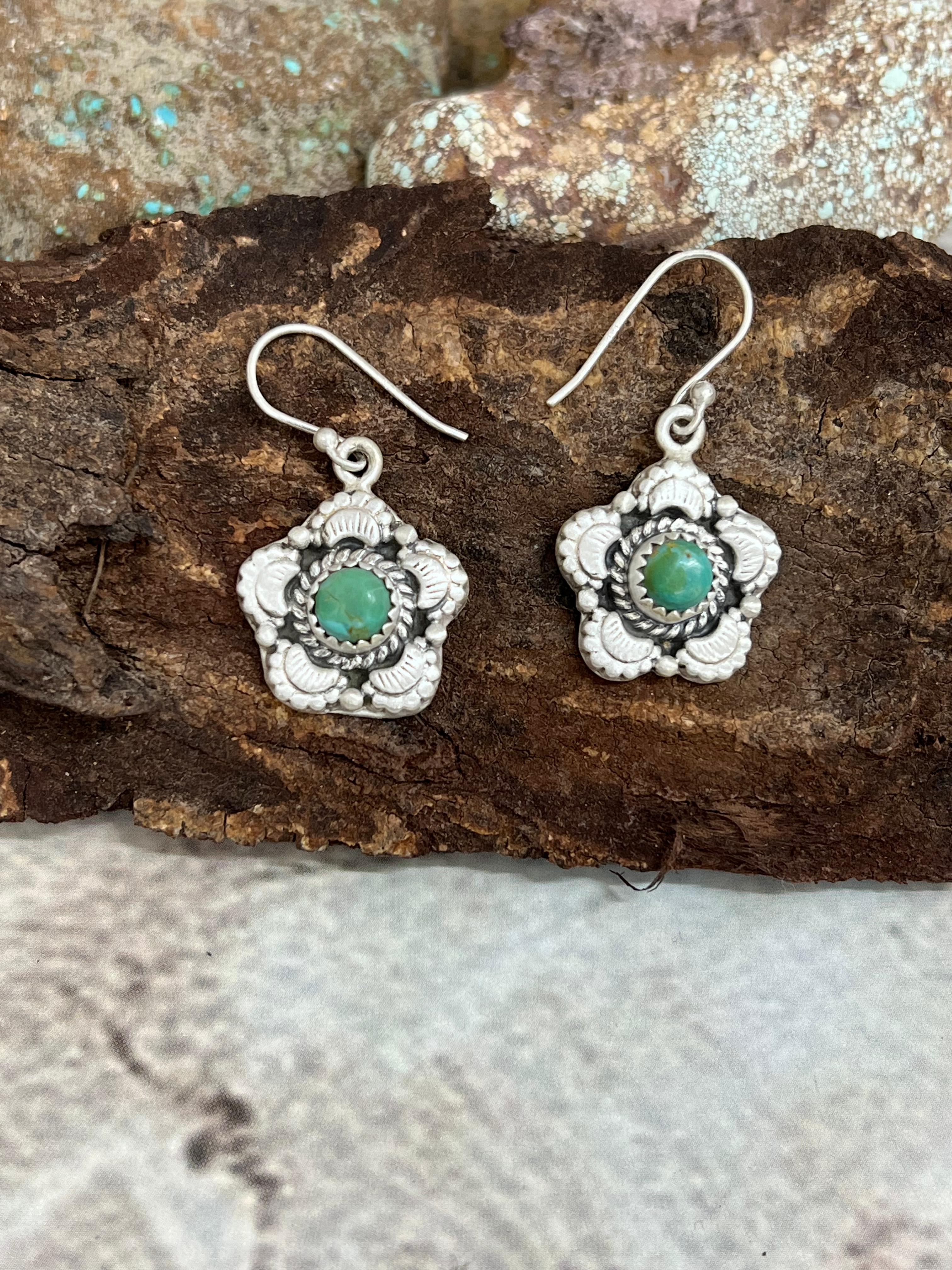 Handmade Sterling Silver Kingman Turquoise Hook Earrings with Signed Nizhoni