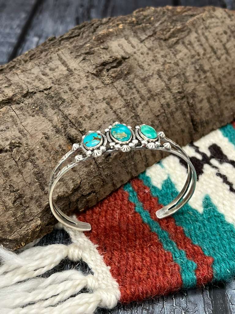 Handmade Sterling Silver Emerald Valley Turquoise Bracelet with Signed Nizhoni