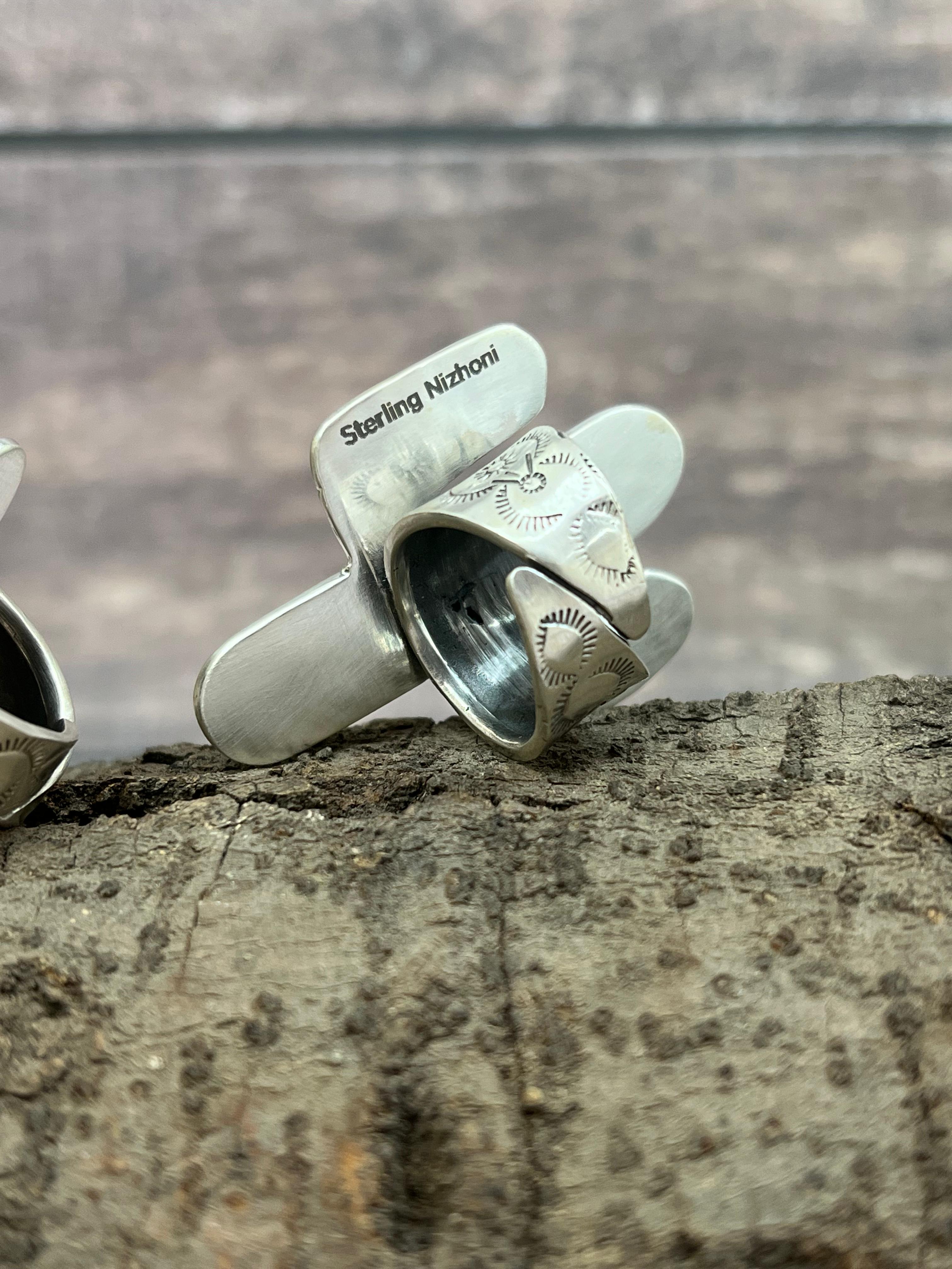 Handmade Sterling Silver Golden Hills, Sonoran Mountain Turquoise Cactus Adjustable Ring with Signed Nizhoni