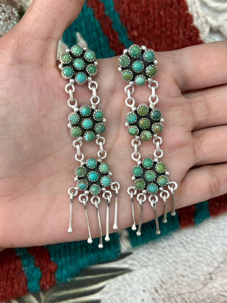 Handmade Sterling Silver Kingman Turquoise Post Dangle Earrings with Signed Nizhoni