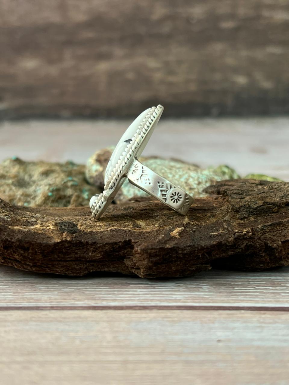 Handmade Sterling Silver White Buffalo Adjustable Ring With Signed Nizhoni