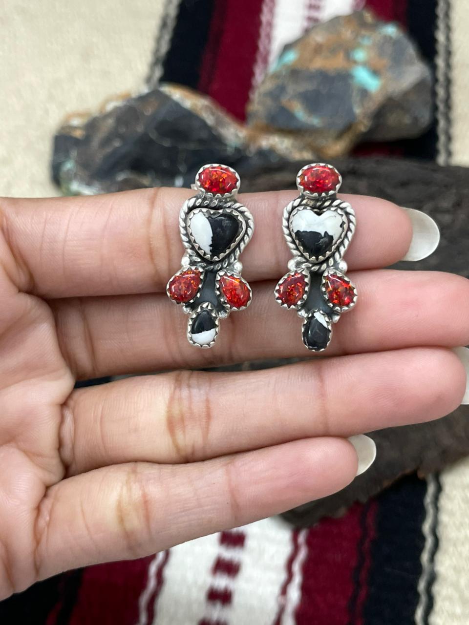 "Christmas Collection" Handmade Sterling Silver White Buffalo with Red Opal Studs Earrings "Signed Nizhoni"