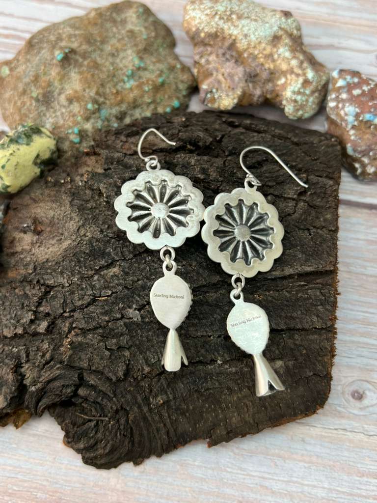 Handmade Sterling Silver White Buffalo Hook Dangle Earrings "Signed Nizhoni"