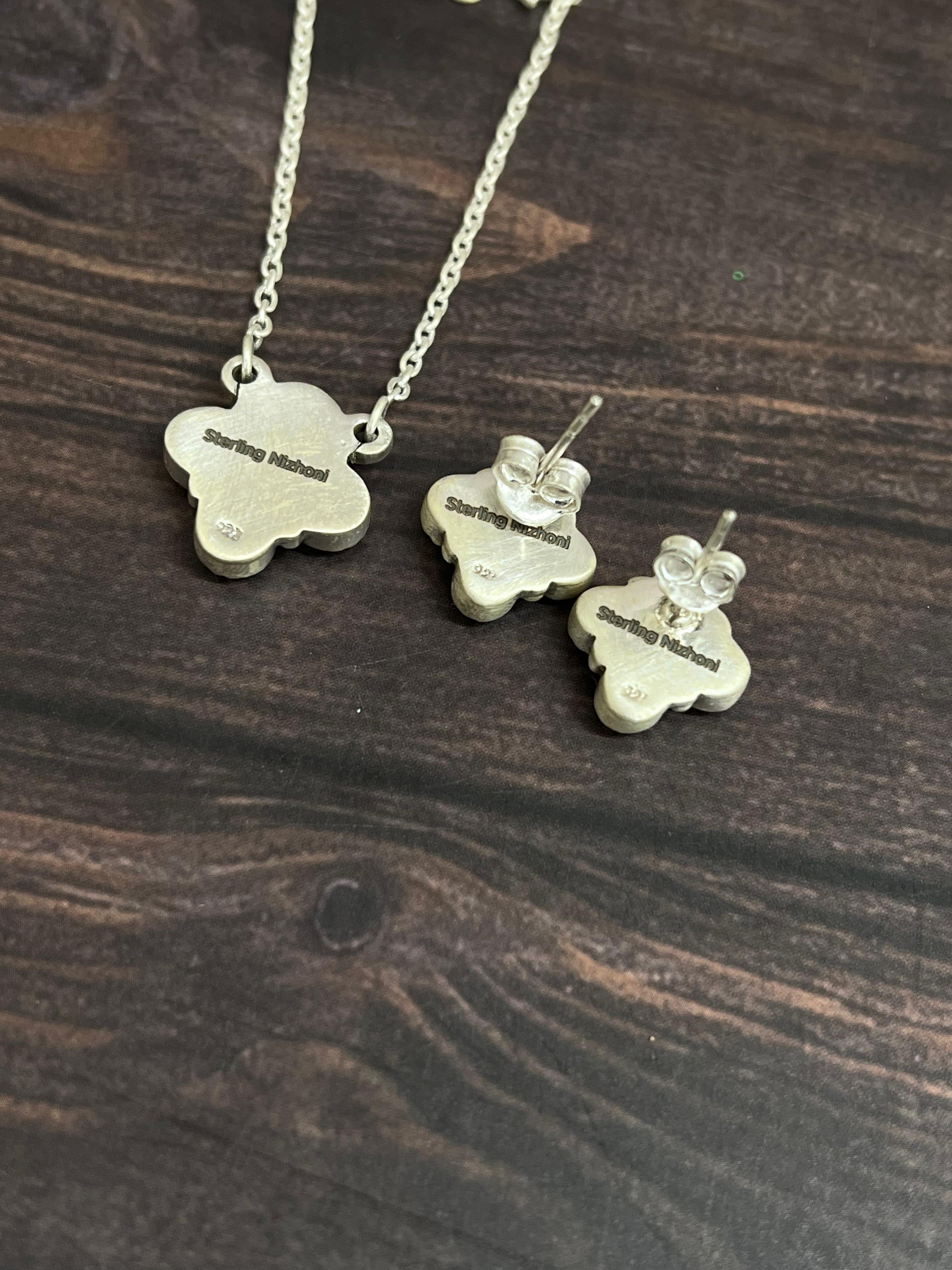 Handmade Sterling Silver Kingman Turquoise Necklace Earrings Set with Signed Nizhoni