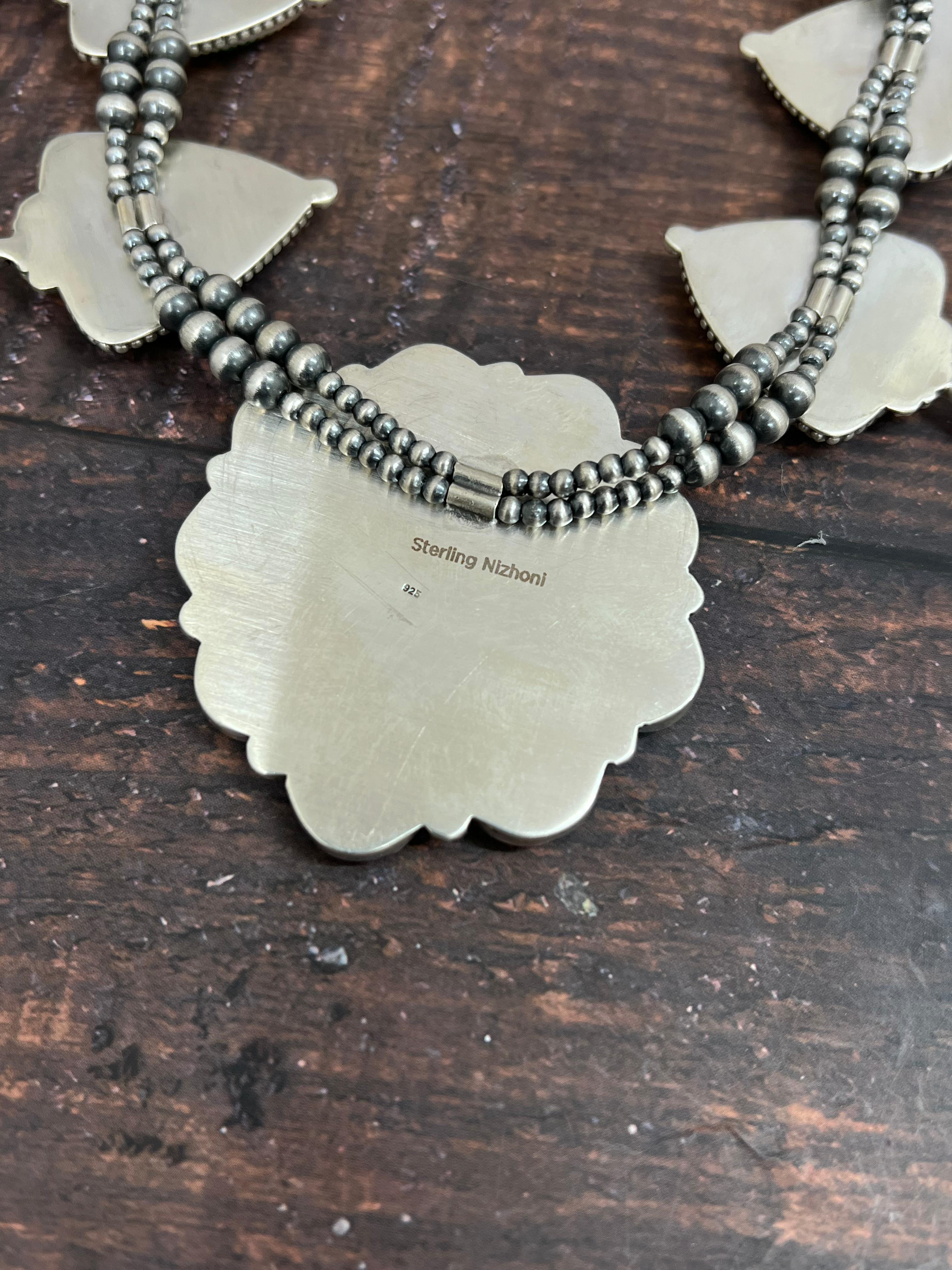 Handmade Sterling Silver Peacock Dahlia Beaded Necklace with Signed Nizhoni