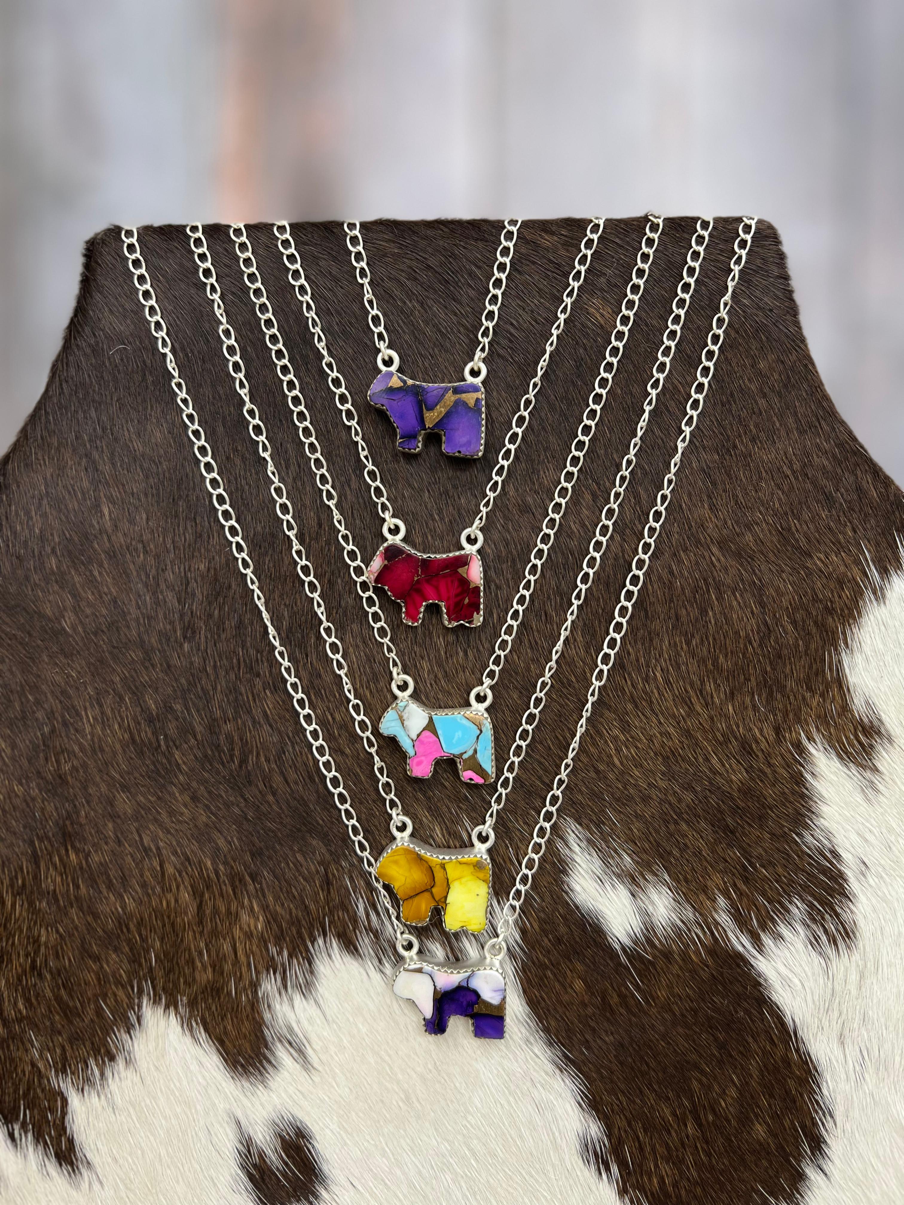 Handmade Sterling Silver Multi Stone Bull Necklace Signed Nizhoni