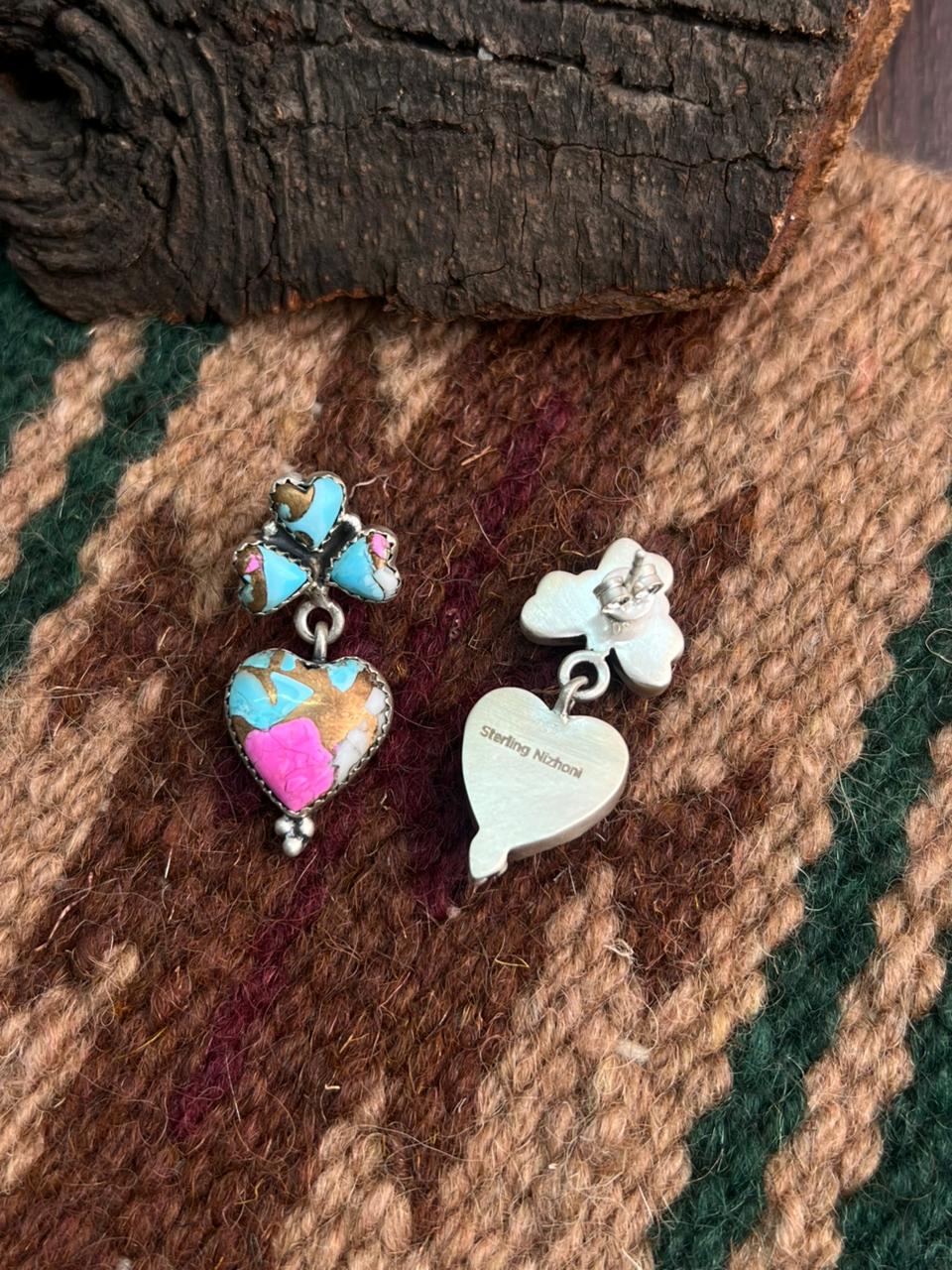 "Heart Collection" Handmade Sterling Silver Cotton Candy Post Dangle Earrings "Signed Nizhoni"