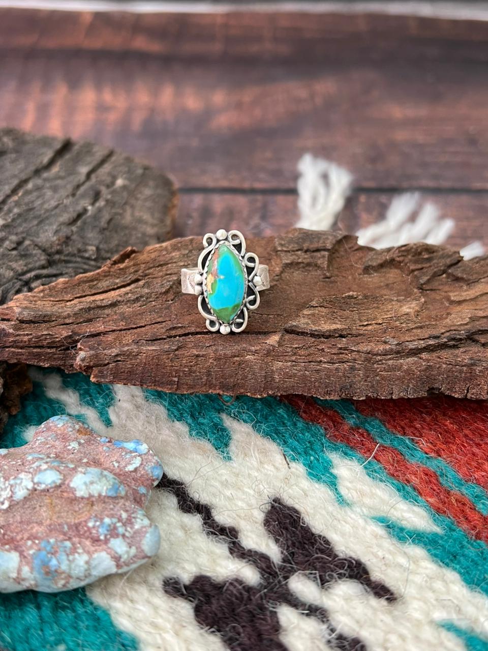 Handmade Sterling Silver Sonoran Mountain Turquoise Adjustable Ring " Signed Nizhoni" (1)