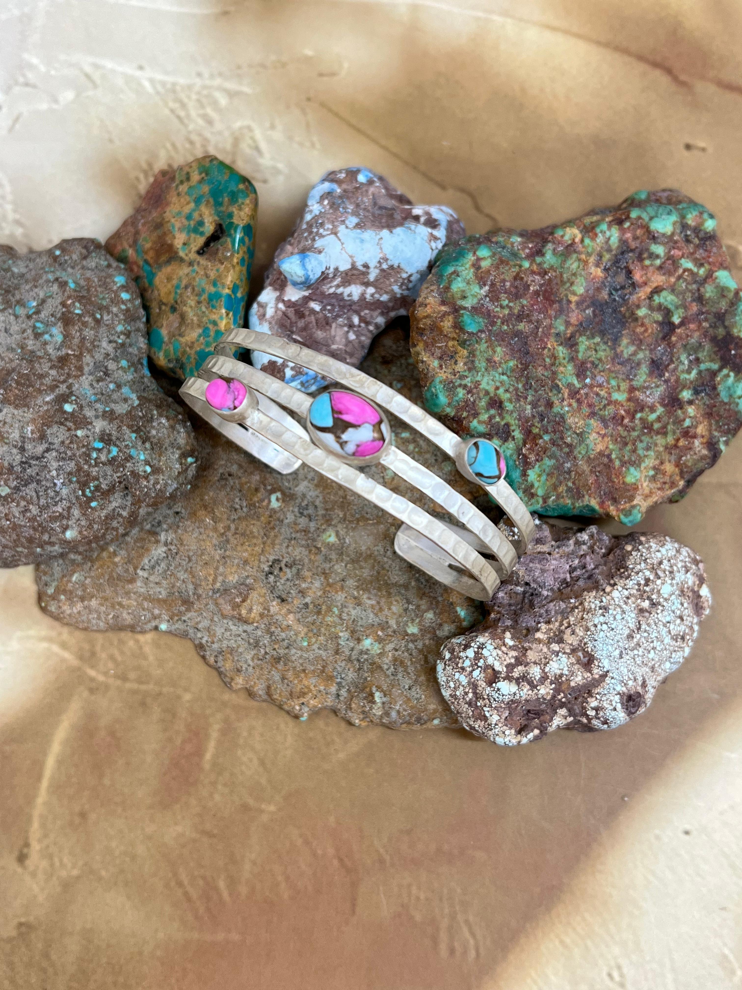 Handmade Sterling Silver Cotton Candy Turquoise Bracelet with Signed Nizhoni