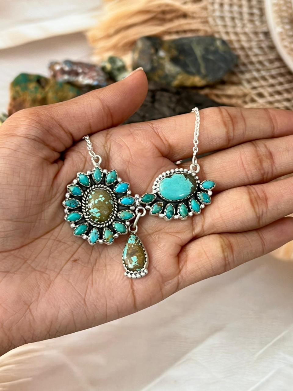 Handmade Sterling Silver Kingman with Number 8 Turquoise Necklace "Signed Nizhoni"