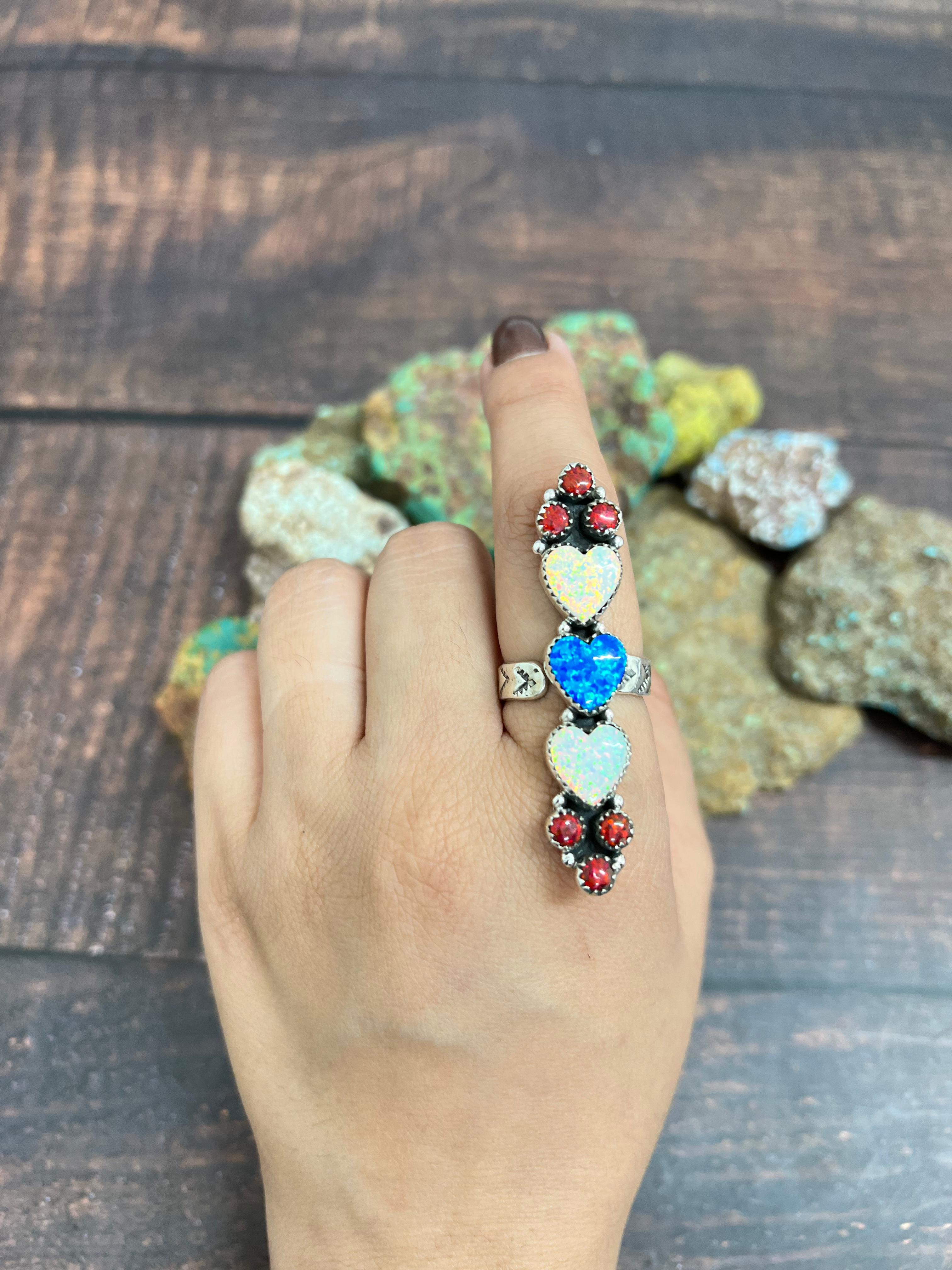 ** 4TH OF JULY ** Handmade Sterling Silver Synthetic Opal Adjustable Ring with Signed Nizhoni