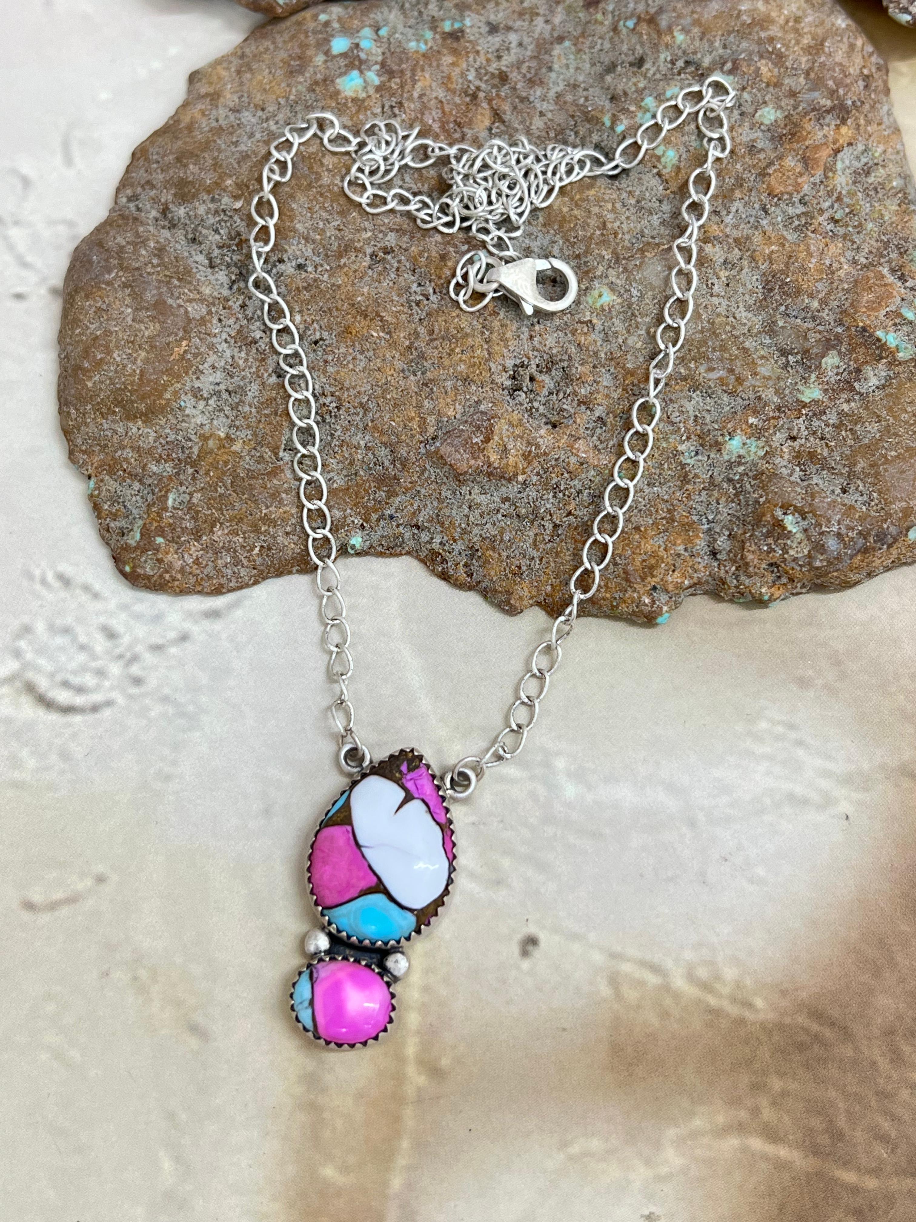 Handmade Sterling Silver Cotton Candy Turquoise Necklace with Signed Nizhoni (2)