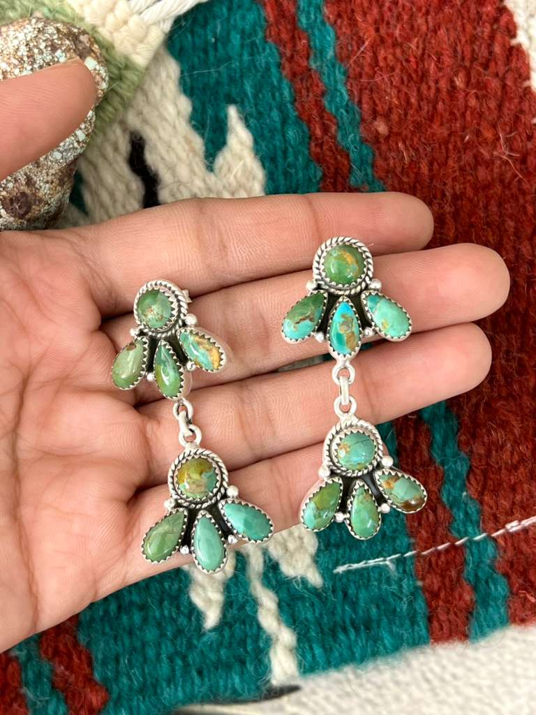Handmade Sterling Silver Kingman Turquoise Post Dangle Earrings with Signed Nizhoni